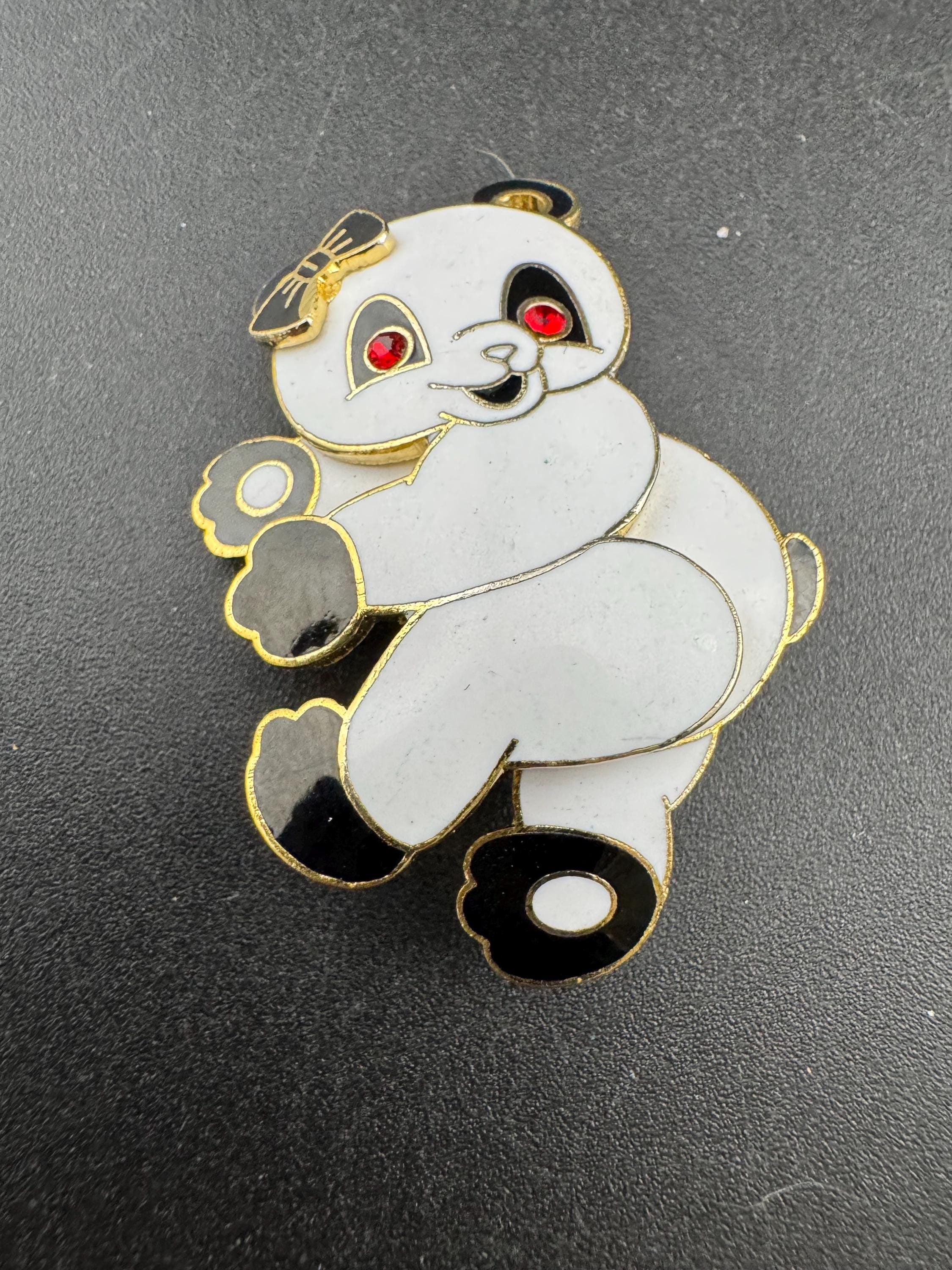 1980s Panda Bear Cloisonné Brooch: Gold Tone Enamel, Unused