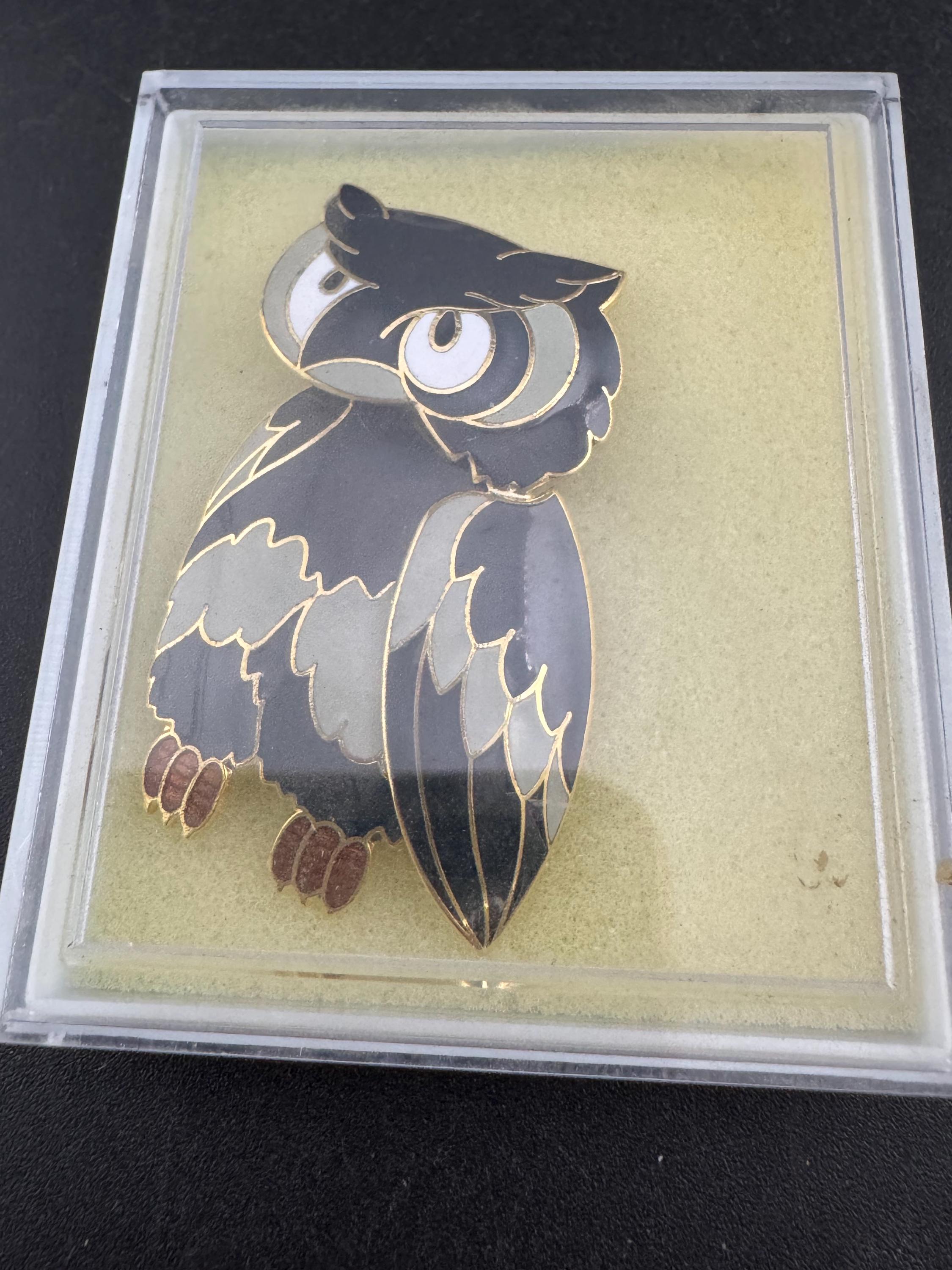 1980s Cloisonné Owl Brooch: Navy Blue & Gold Tone, Unused
