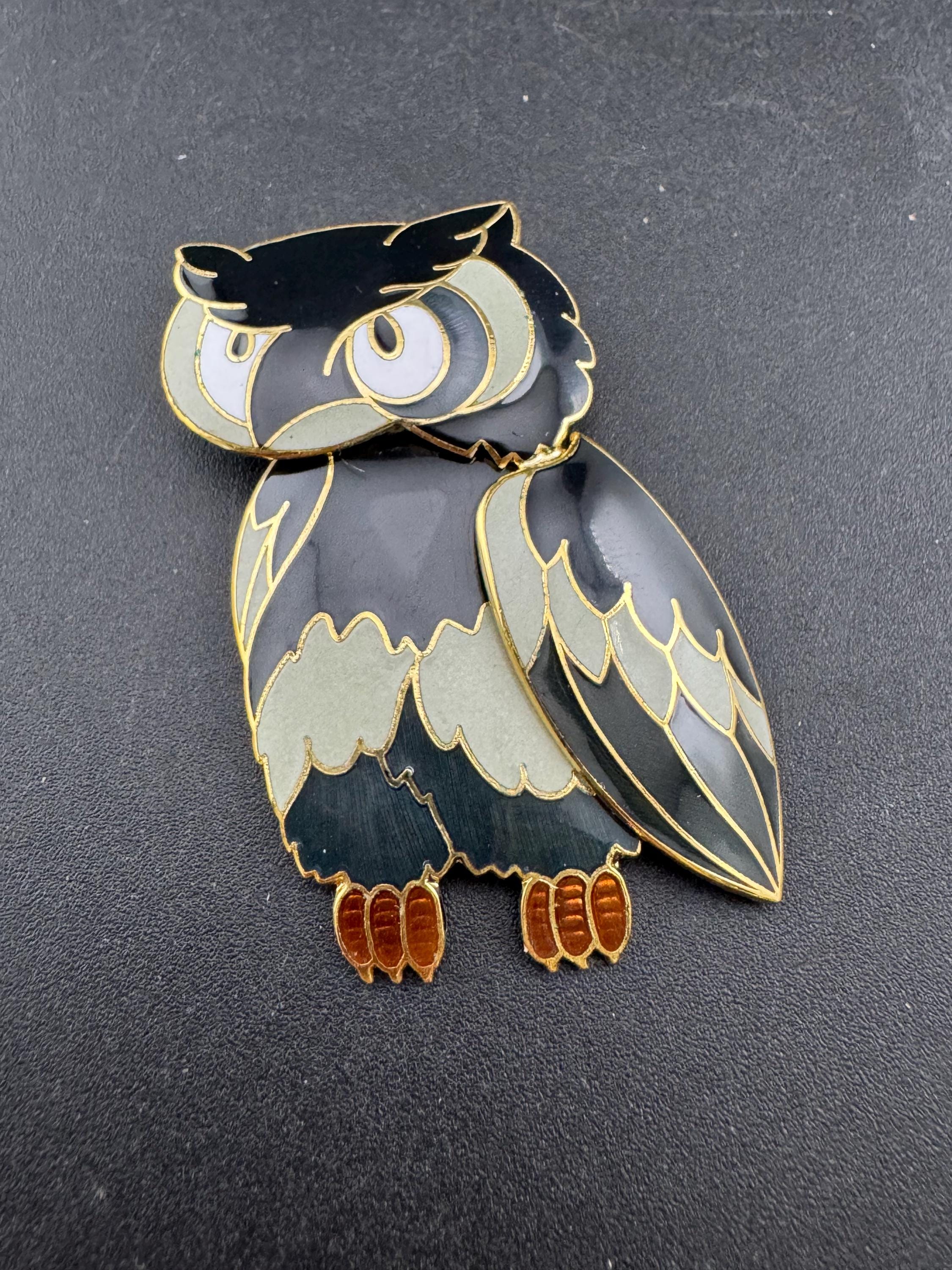 1980s Cloisonné Owl Brooch: Navy Blue & Gold Tone, Unused