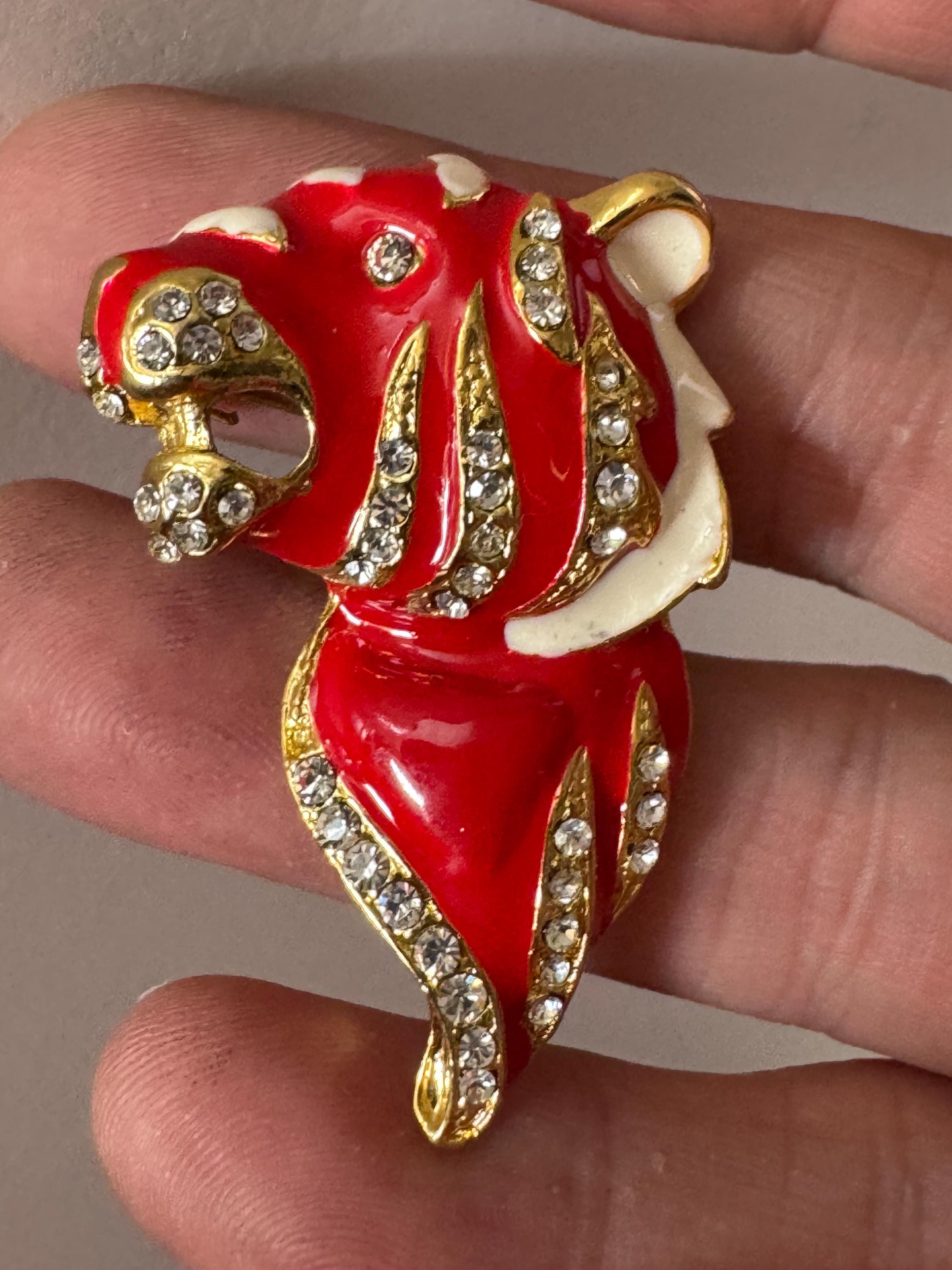 Vintage big cat Tiger Brooch: Rhinestone Red enamel