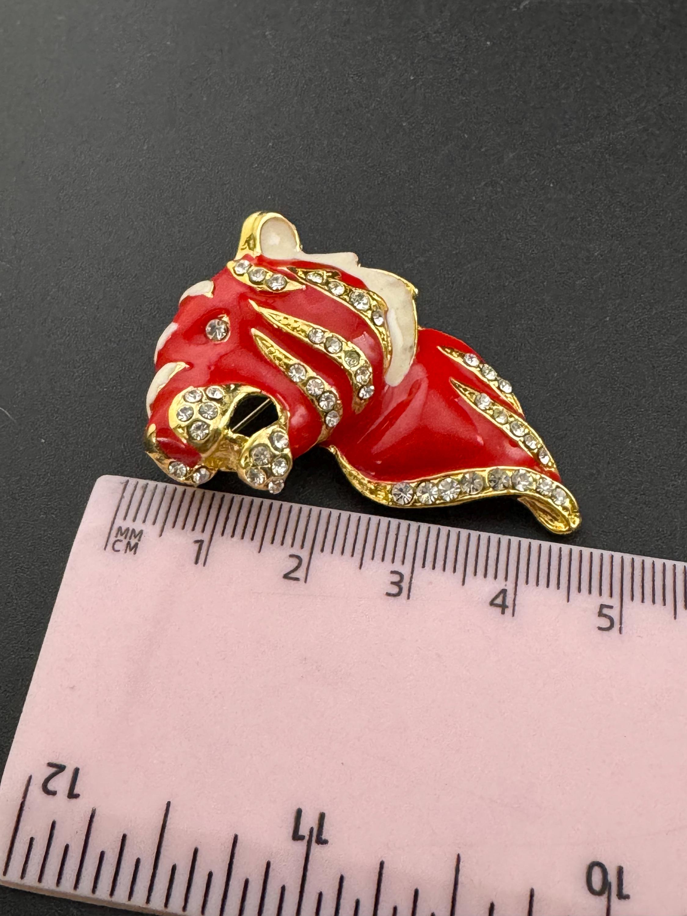 Vintage big cat Tiger Brooch: Rhinestone Red enamel