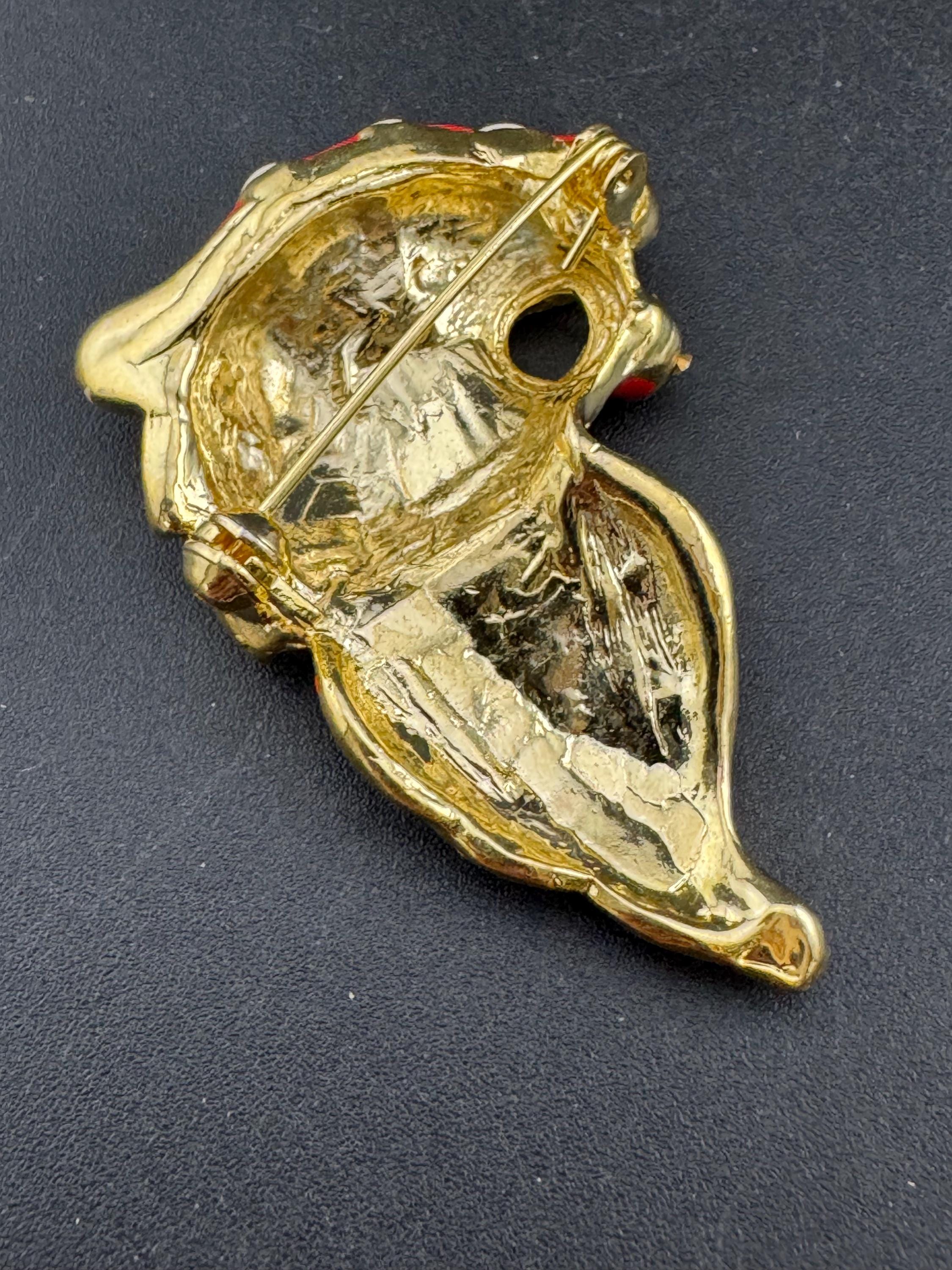 Vintage big cat Tiger Brooch: Rhinestone Red enamel