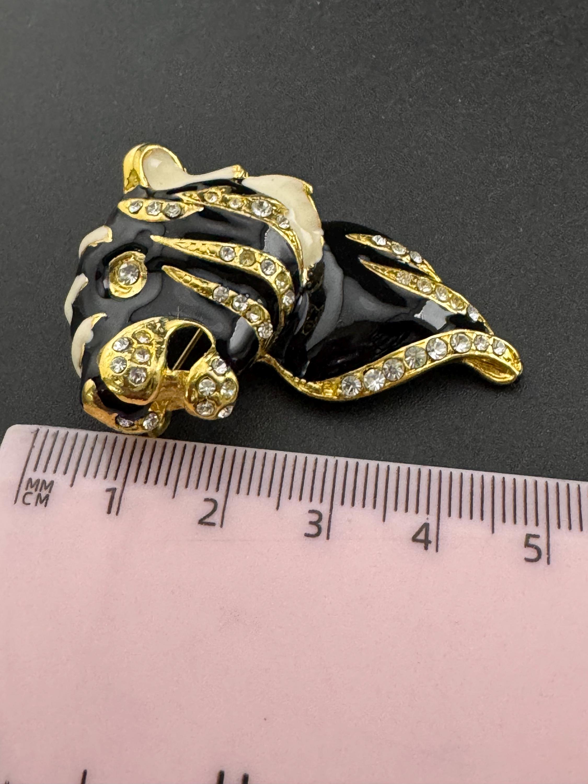 Vintage Rhinestone black Tiger Brooch: Enamel Big Cat, Gold Tone