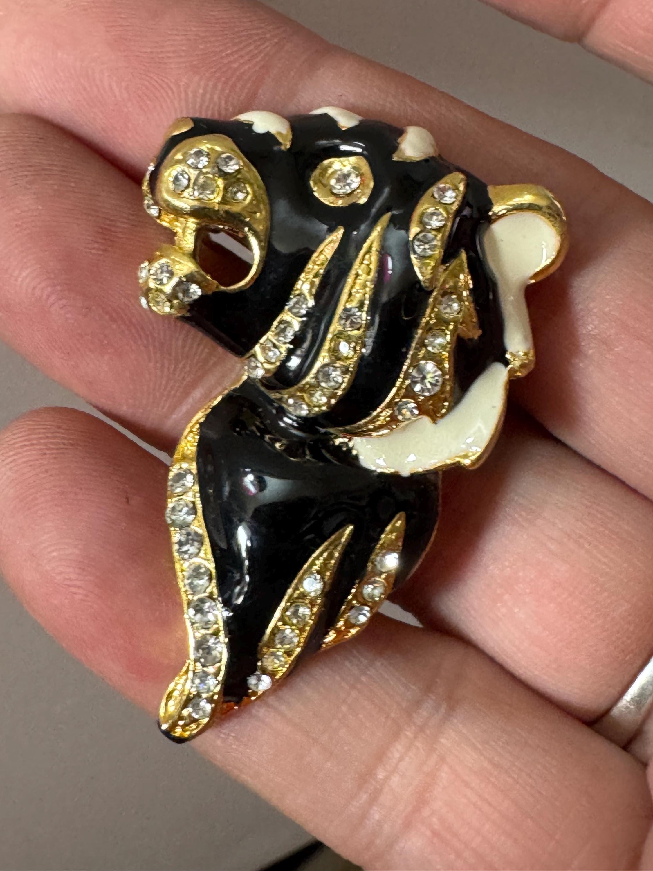 Vintage Rhinestone black Tiger Brooch: Enamel Big Cat, Gold Tone