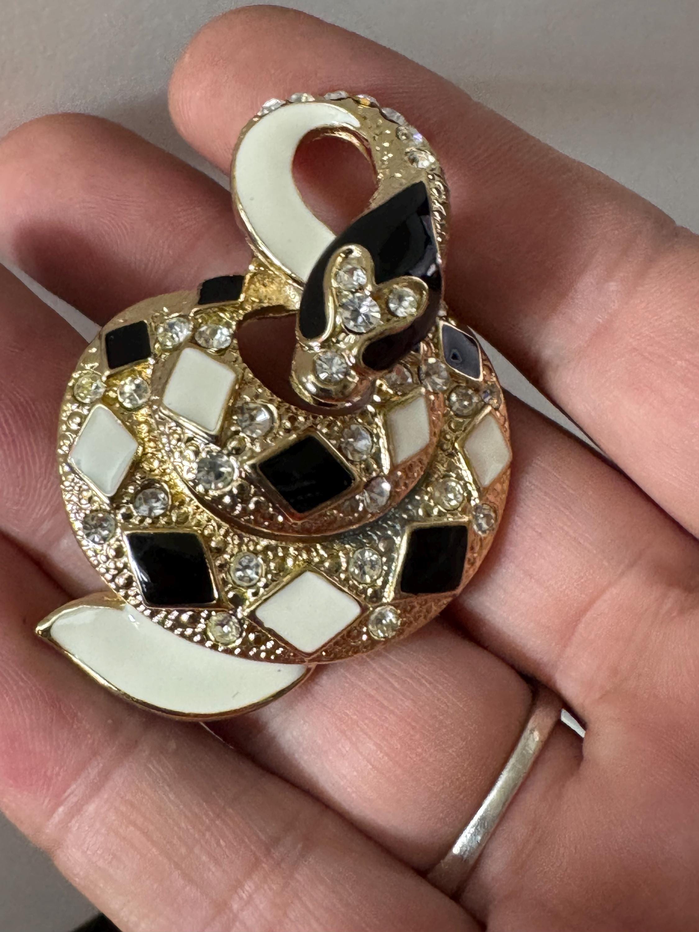 Vintage Rhinestone Snake Brooch: Gold Tone black enamel