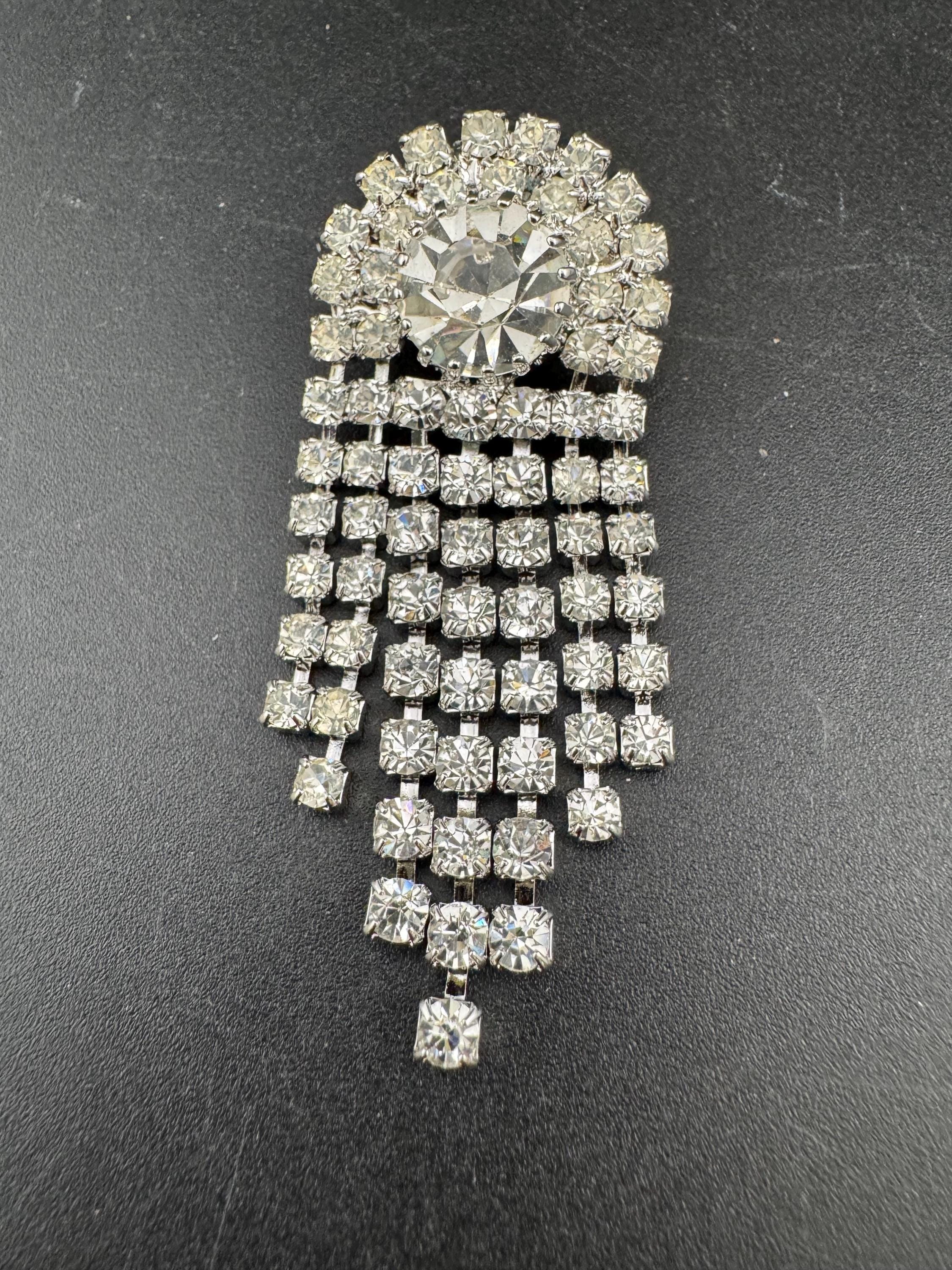 1980s Swarovski Diamanté Tassel Brooch: Art Deco Silver Tone