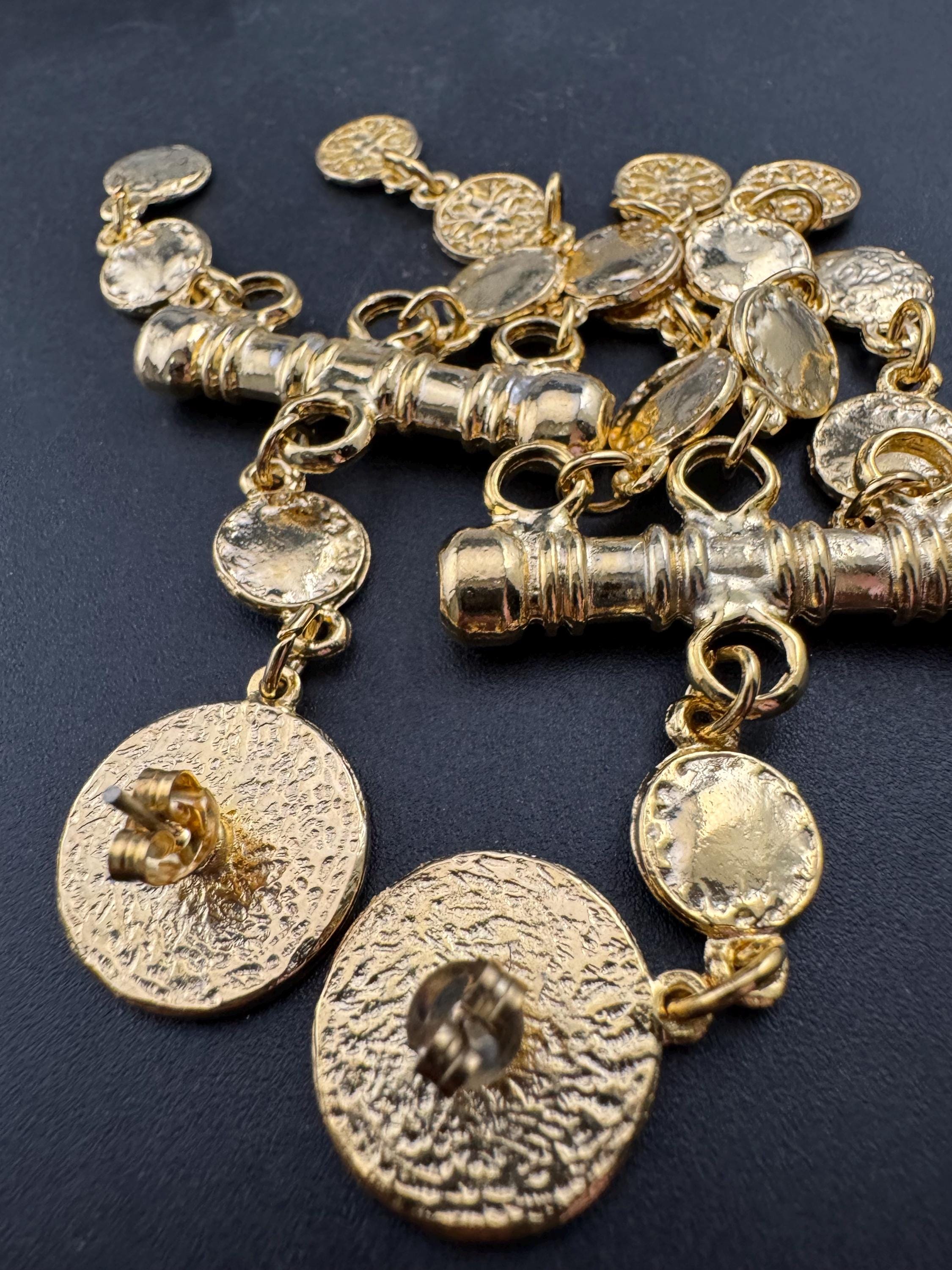 Long 10.5cm etruscan style Gold tone dangly disc shoulder grazer pierced drop earrings 1990s True vintage