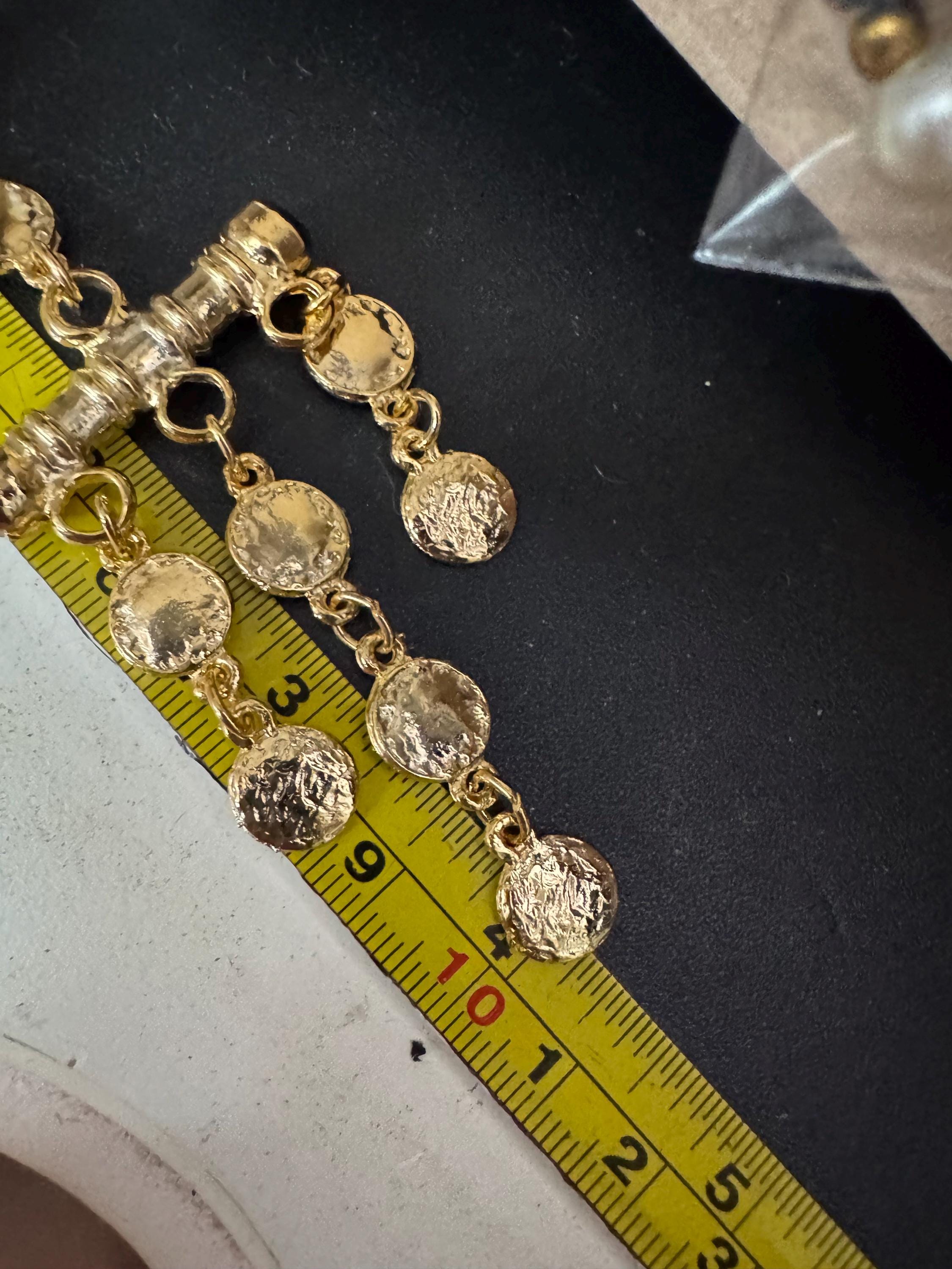 Long 10.5cm etruscan style Gold tone dangly disc shoulder grazer pierced drop earrings 1990s True vintage