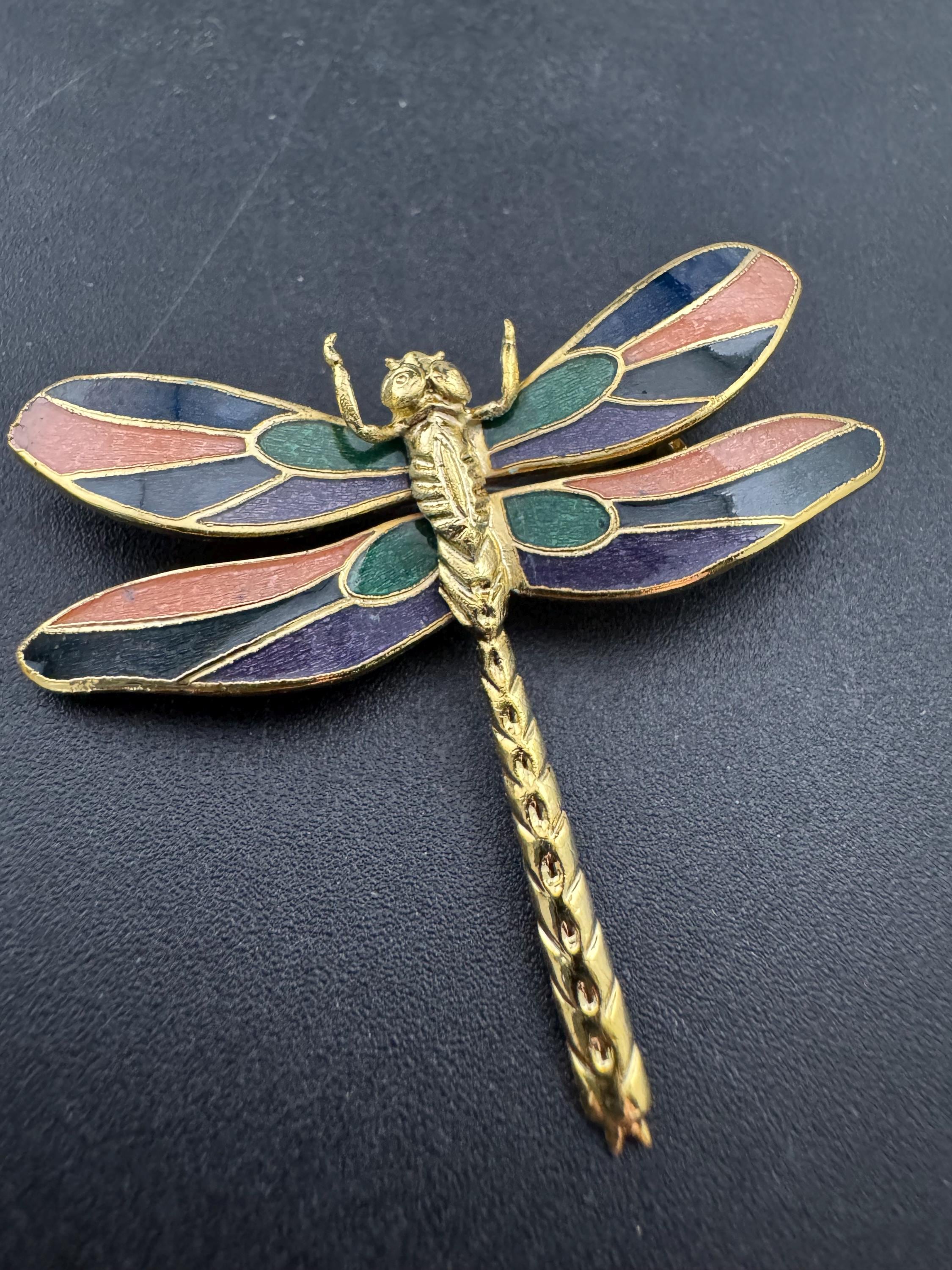 1980s Cloisonné Enamel Dragonfly Brooch: Purple, Green & Pink - Unused Shop Stock