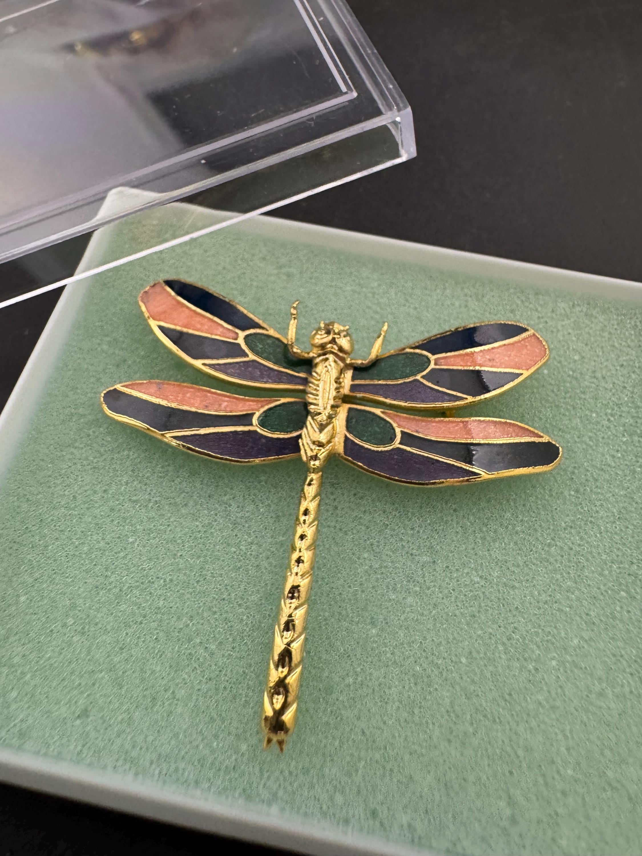 1980s Cloisonné Enamel Dragonfly Brooch: Purple, Green & Pink - Unused Shop Stock