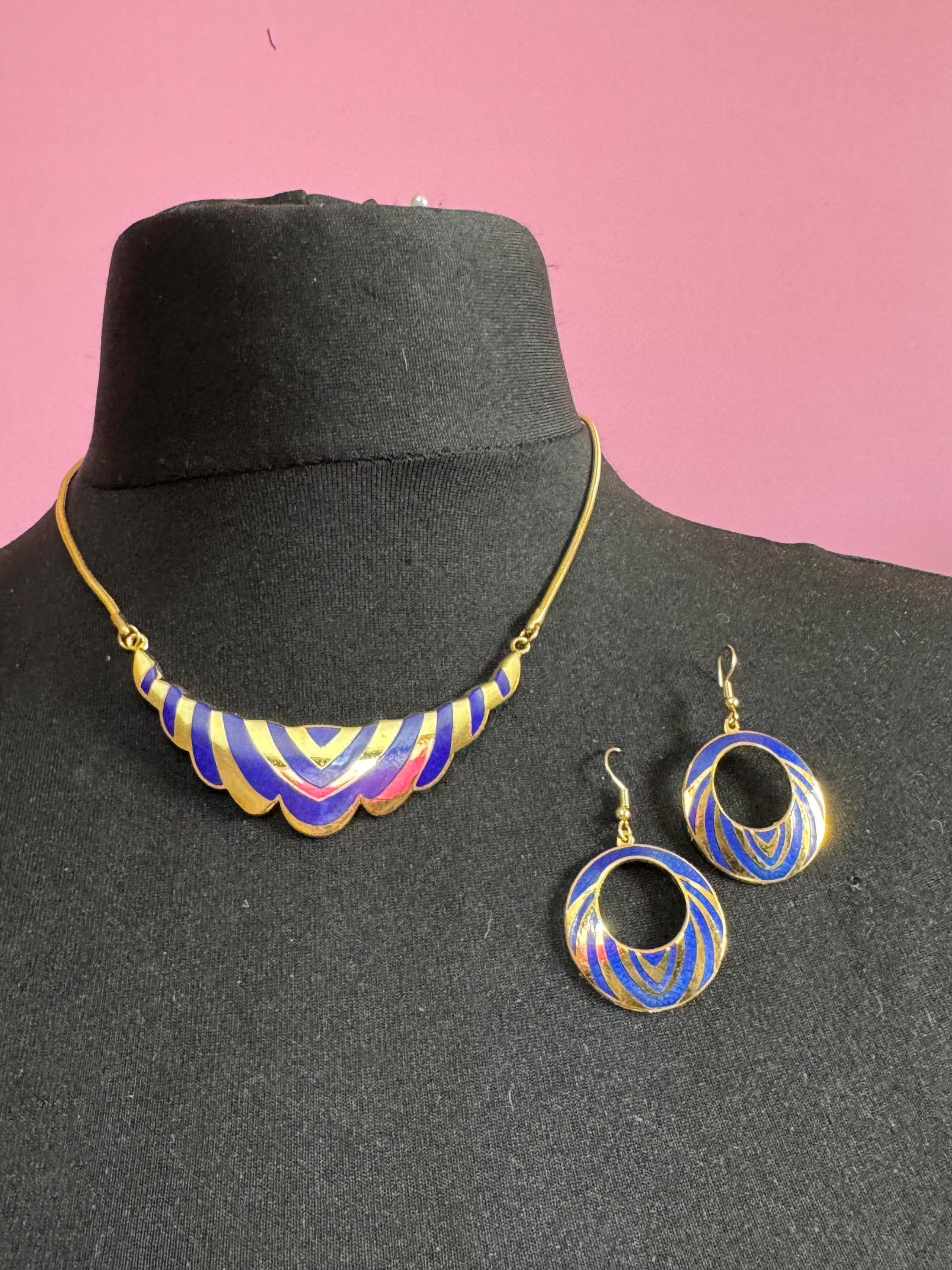 vintage 1980s bright blue and gold enamel collar necklace and matching disc earrings, unused retro jewelry set