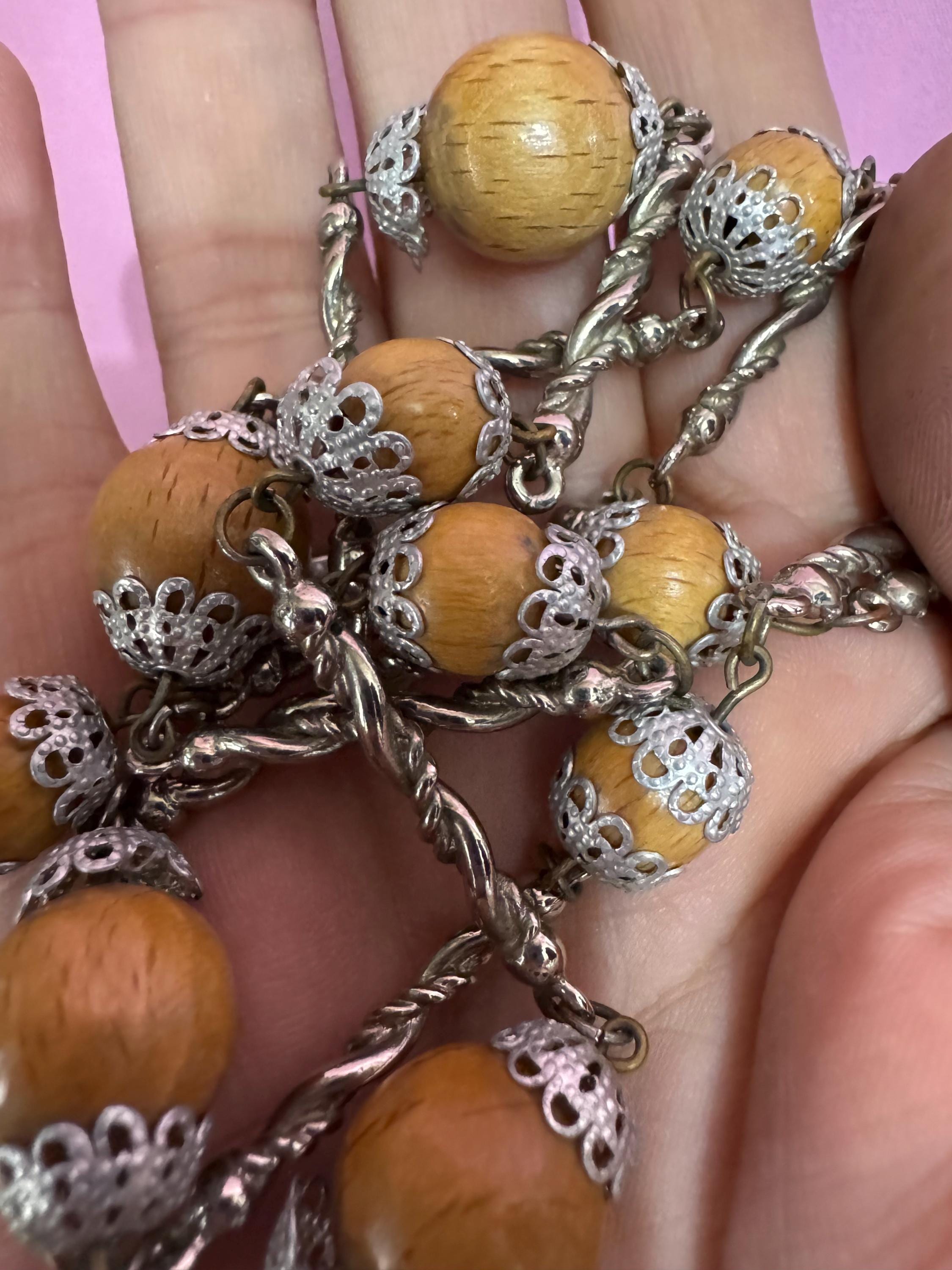 Vintage station necklace long twisted strand bar link wooden bead silver tone filigree chain station necklace 75cm Modernist 1970s