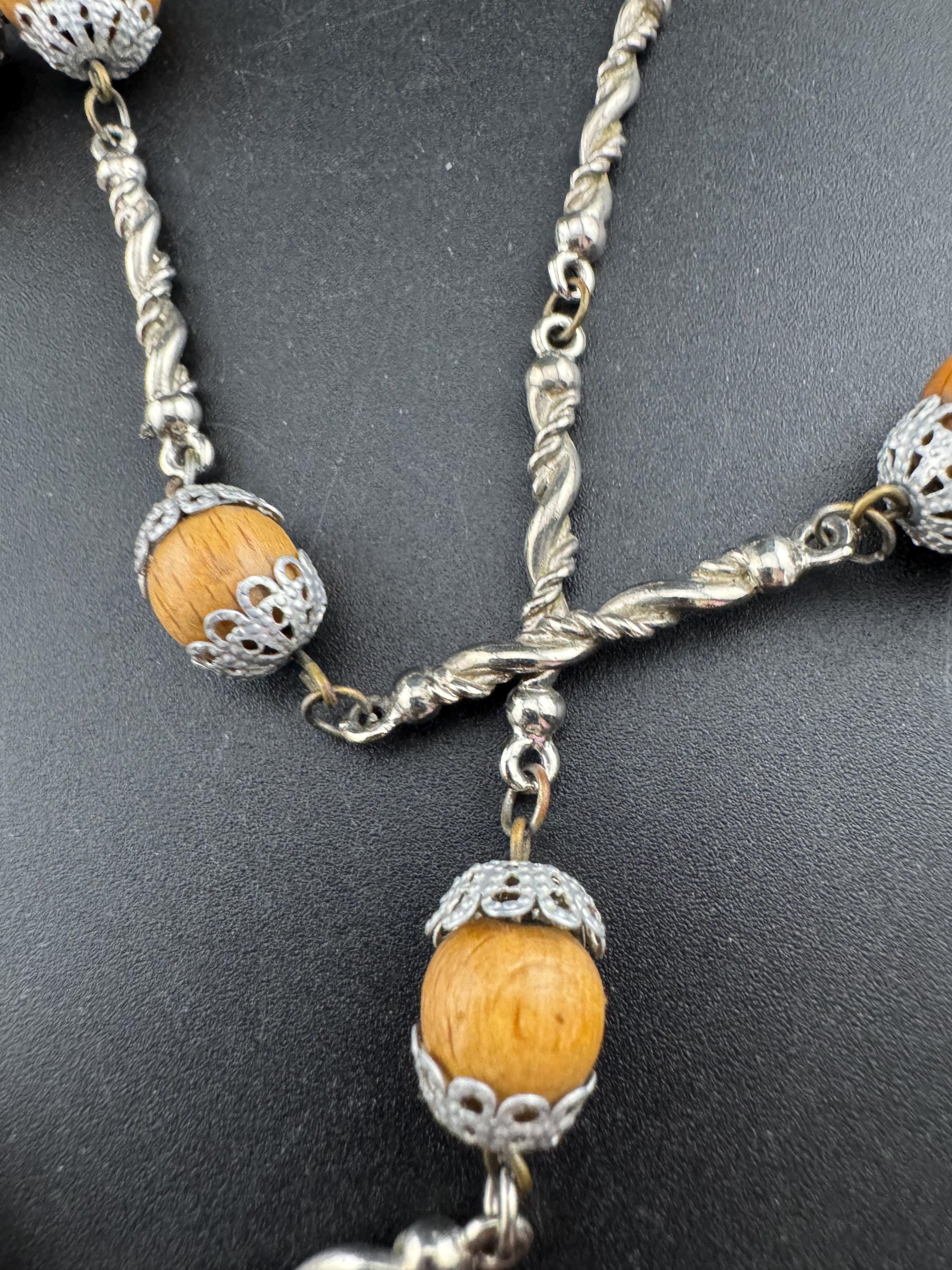 Vintage station necklace long twisted strand bar link wooden bead silver tone filigree chain station necklace 75cm Modernist 1970s