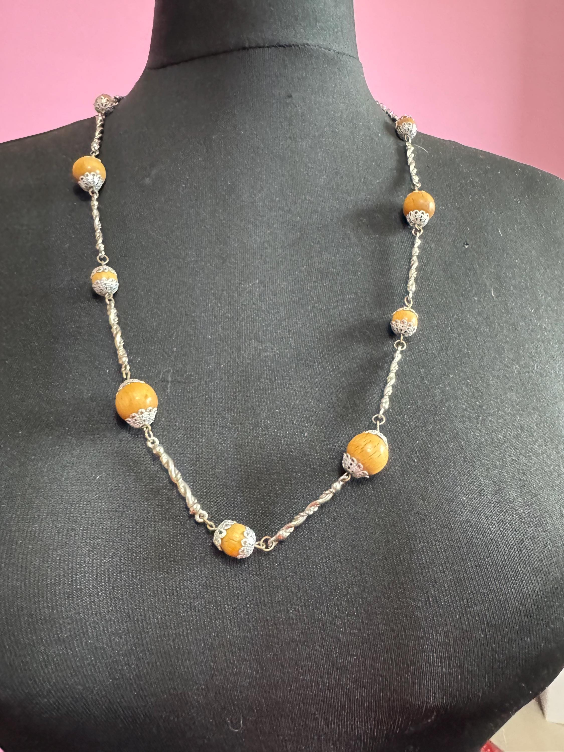 Vintage station necklace long twisted strand bar link wooden bead silver tone filigree chain station necklace 75cm Modernist 1970s