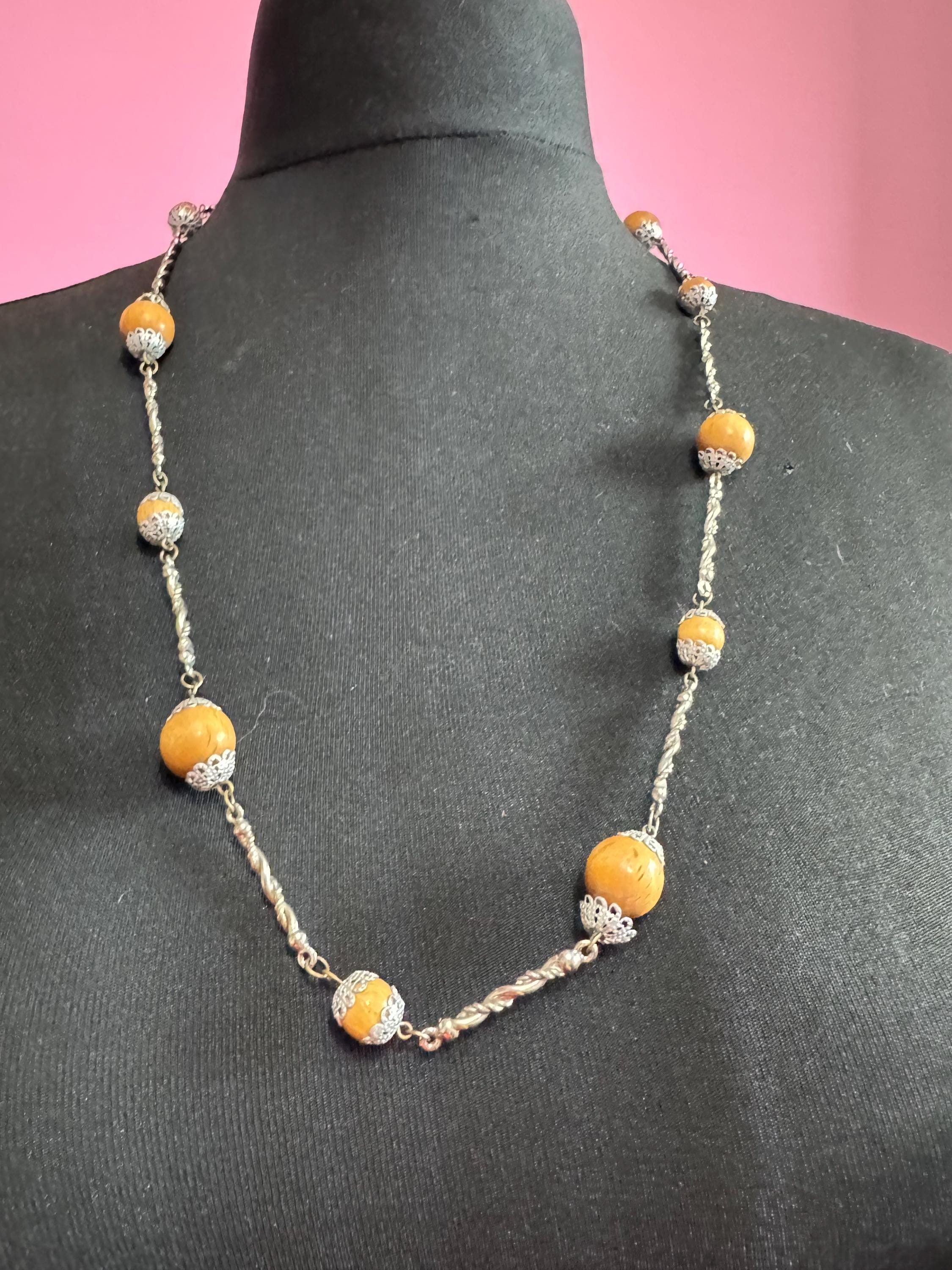 Vintage station necklace long twisted strand bar link wooden bead silver tone filigree chain station necklace 75cm Modernist 1970s