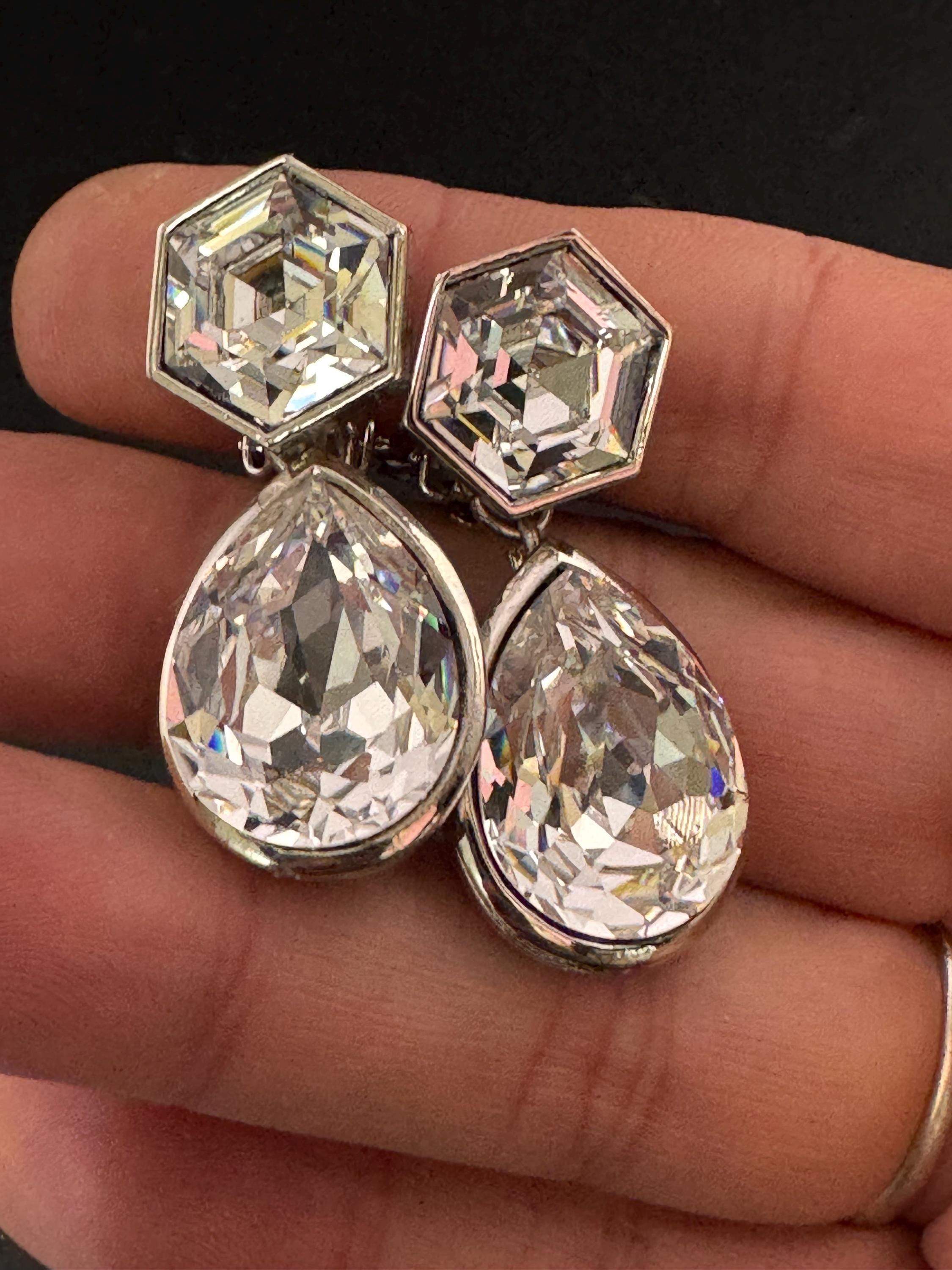 vintage silver tone clear headshot. Swarovski crystal love heart dangly teardrop earrings 1980s