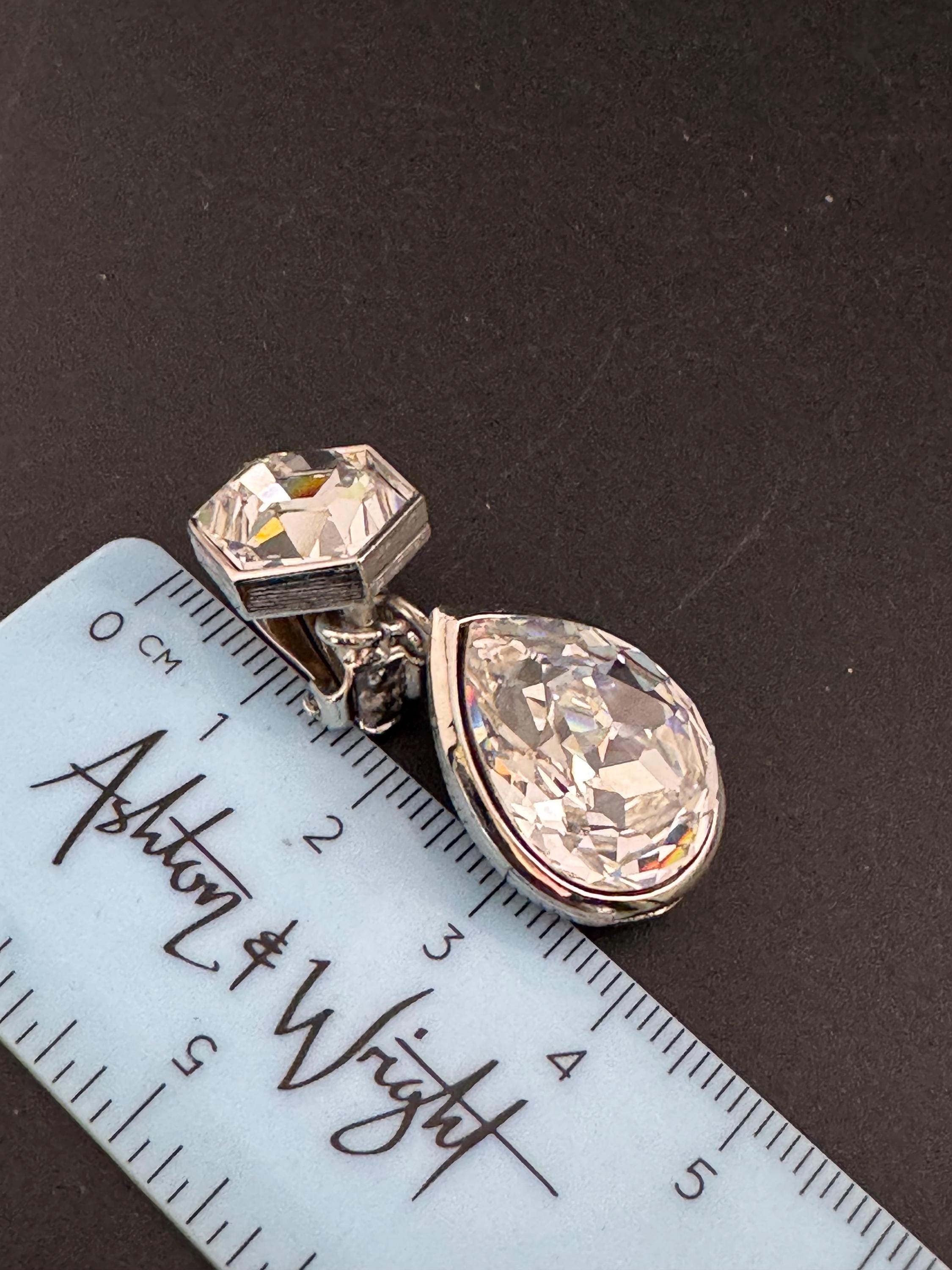 vintage silver tone clear headshot. Swarovski crystal love heart dangly teardrop earrings 1980s