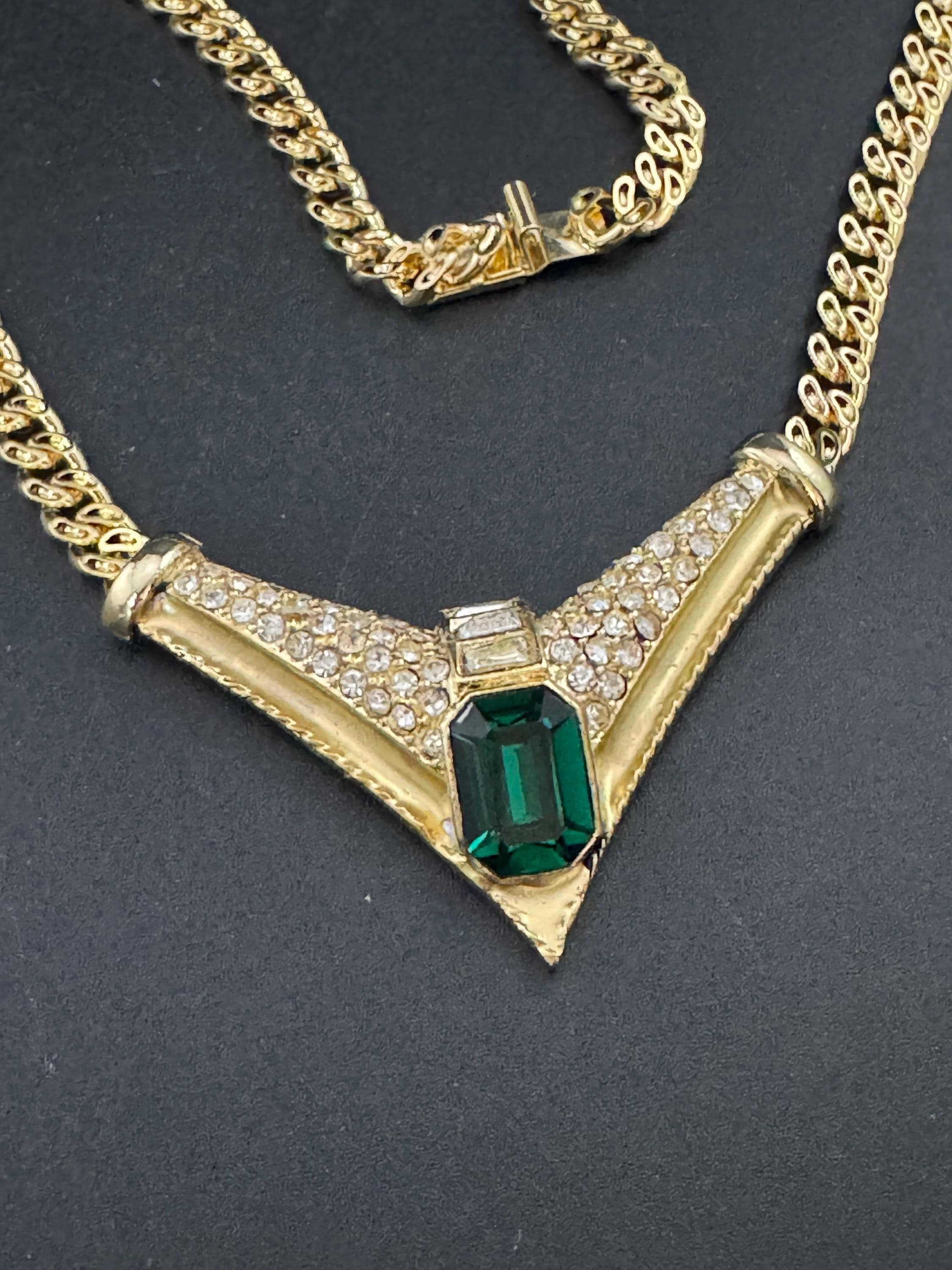 Vintage 1980s Swarovski crystal set emerald green and clear diamanté choker necklace gold tone high end old shop stock