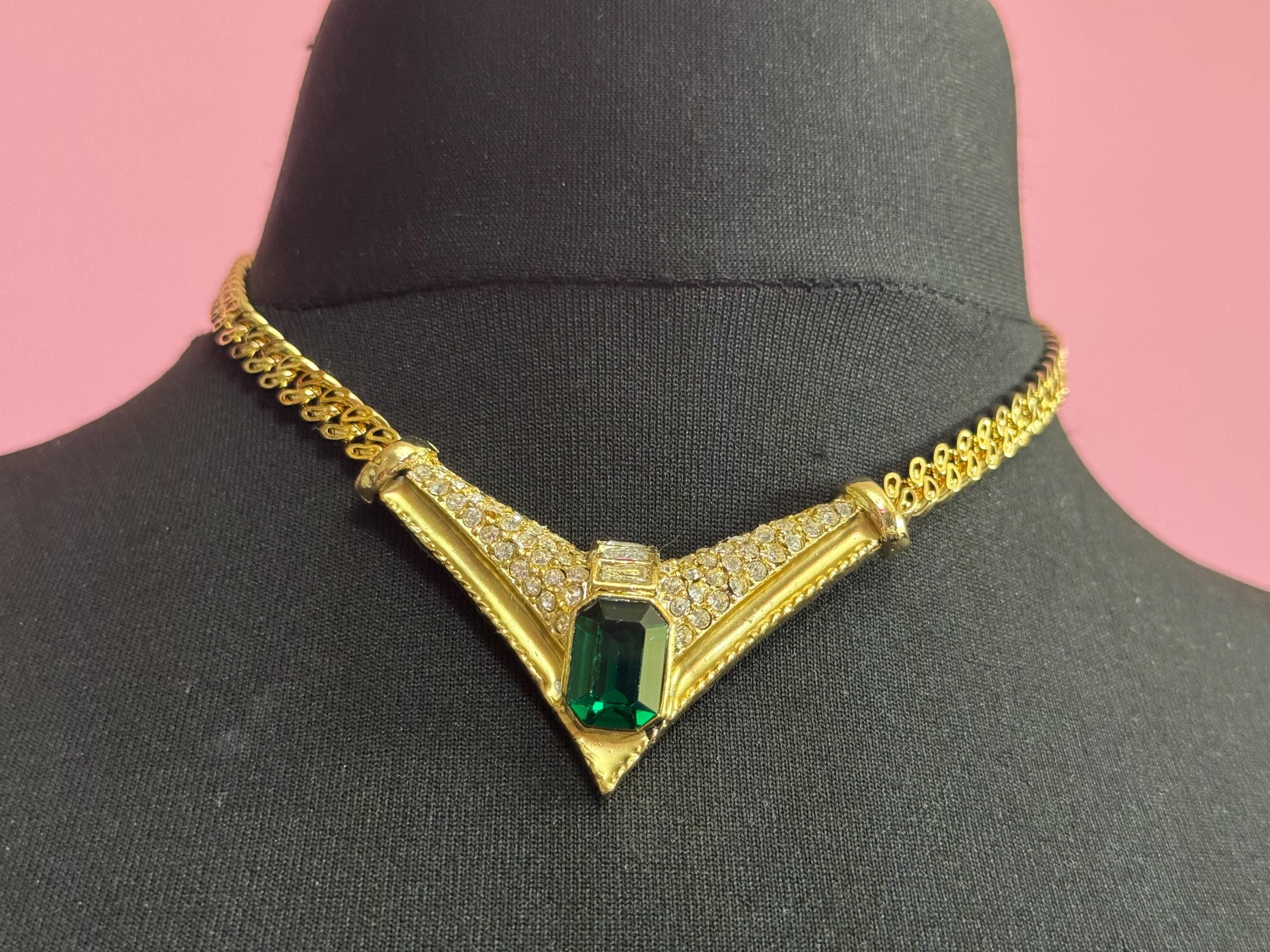 Vintage 1980s Swarovski crystal set emerald green and clear diamanté choker necklace gold tone high end old shop stock