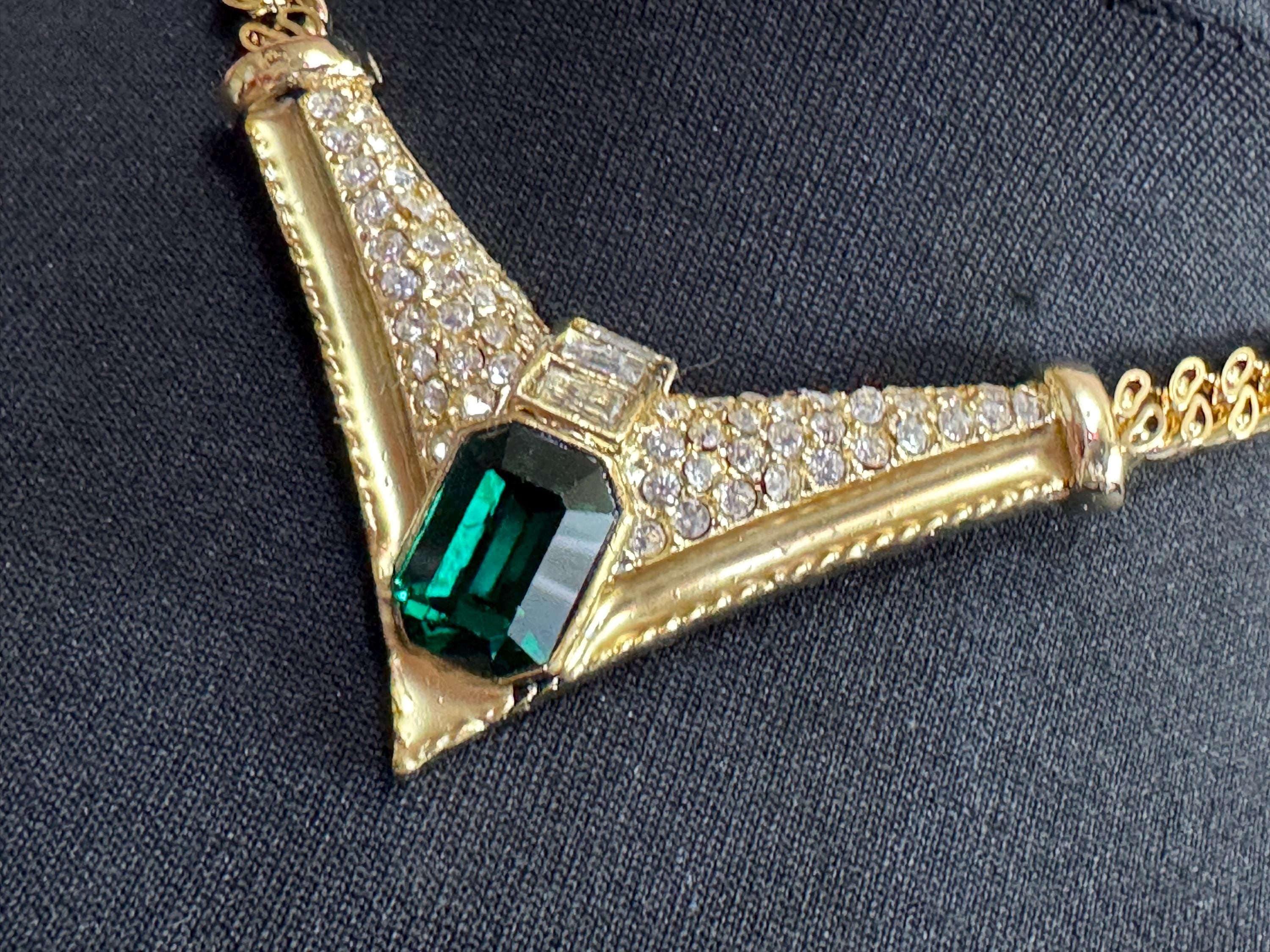 Vintage 1980s Swarovski crystal set emerald green and clear diamanté choker necklace gold tone high end old shop stock