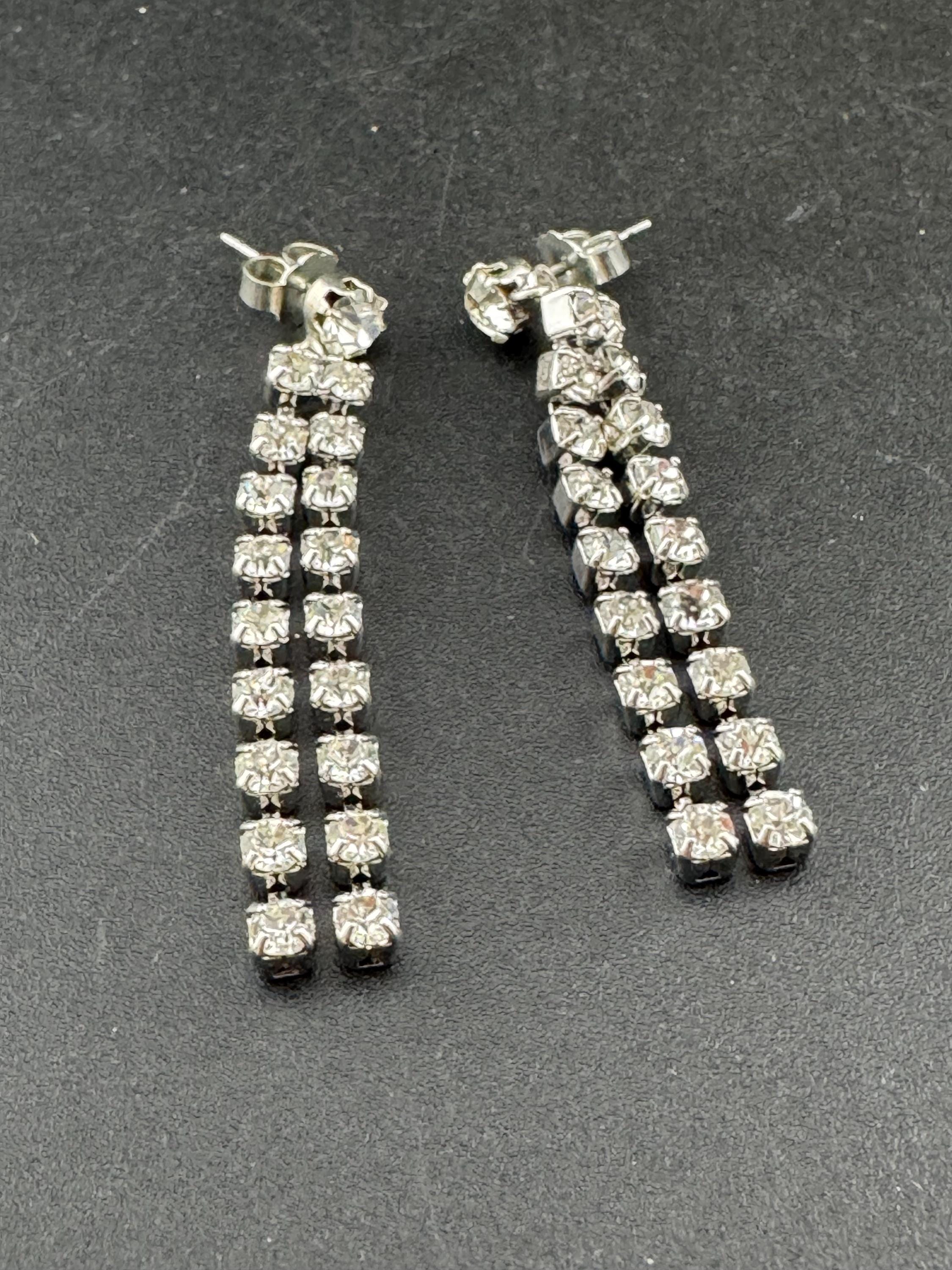 Vintage clear claw set Swarovski crystal rhinestone paste diamanté dangly pierced drop earrings , silver tone