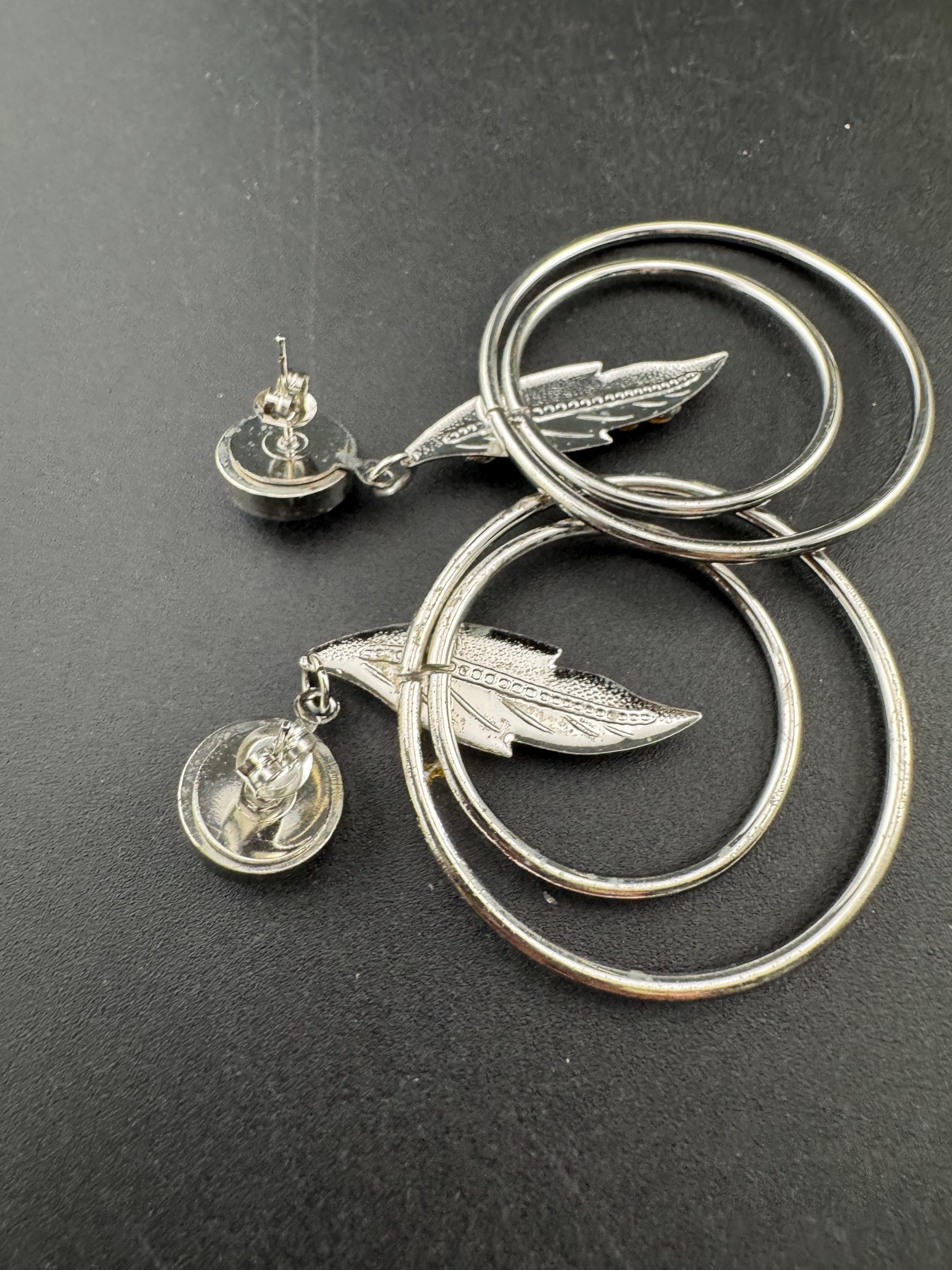 Vintage modernist silver tone 1980s big hoop drop earrings set with clear crystal and metal rings for pierced ears