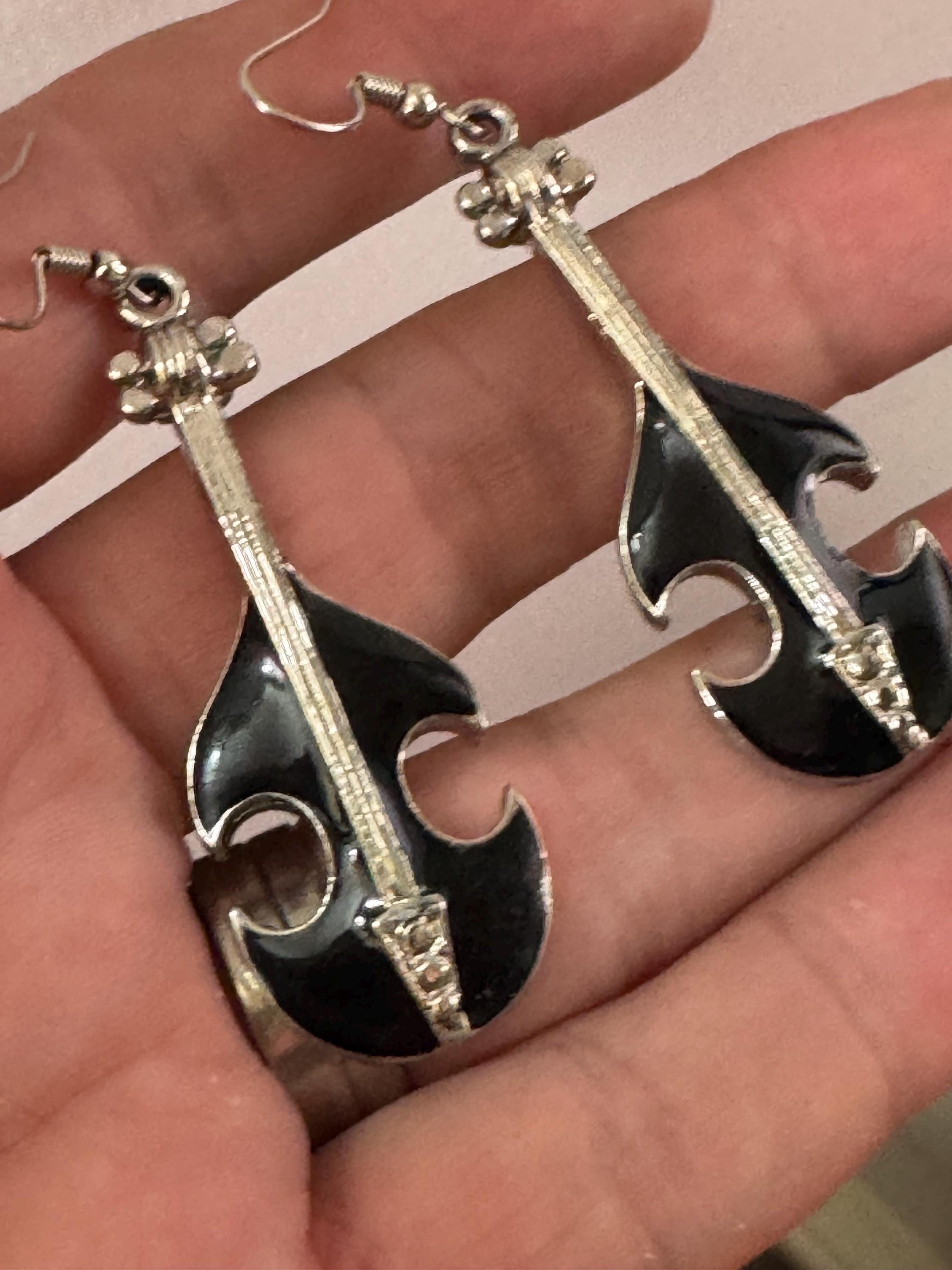 vintage 1980s black enamel long dangly novelty guitar earrings, for pierced ears, silver tone