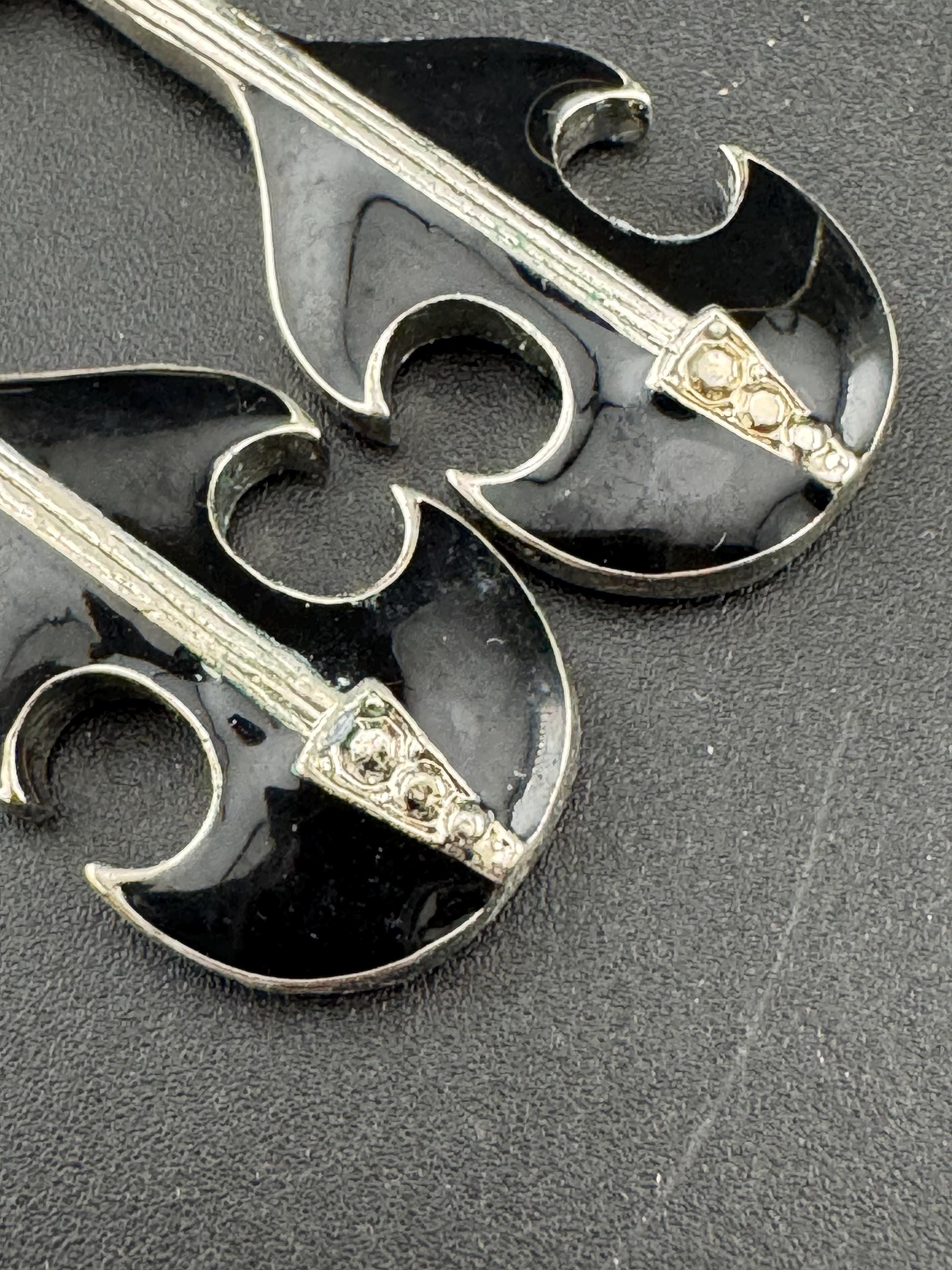 vintage 1980s black enamel long dangly novelty guitar earrings, for pierced ears, silver tone