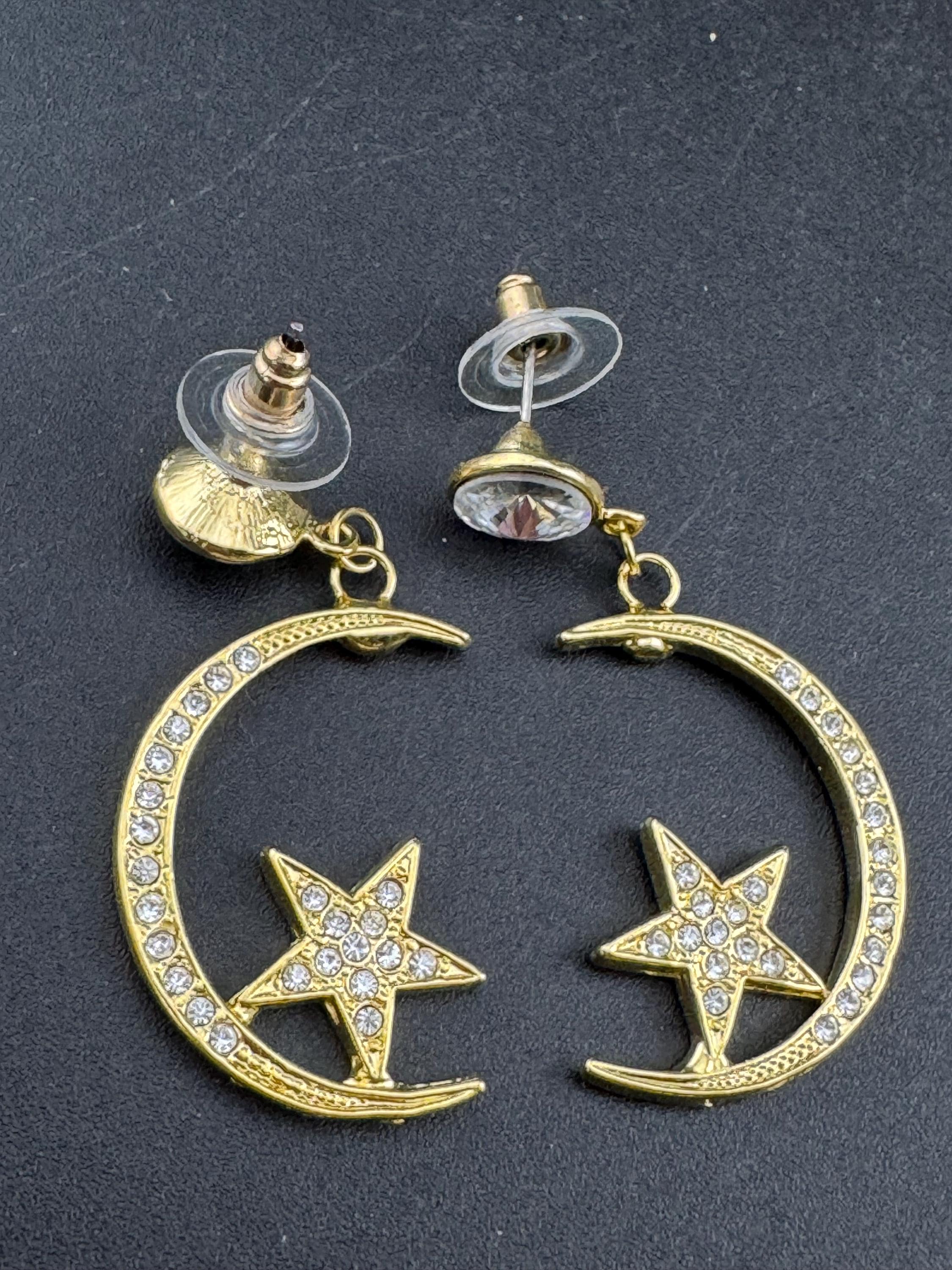 Retro 1980s celestial stars and crescent moon diamanté gold tone pierced earrings new old shop stock