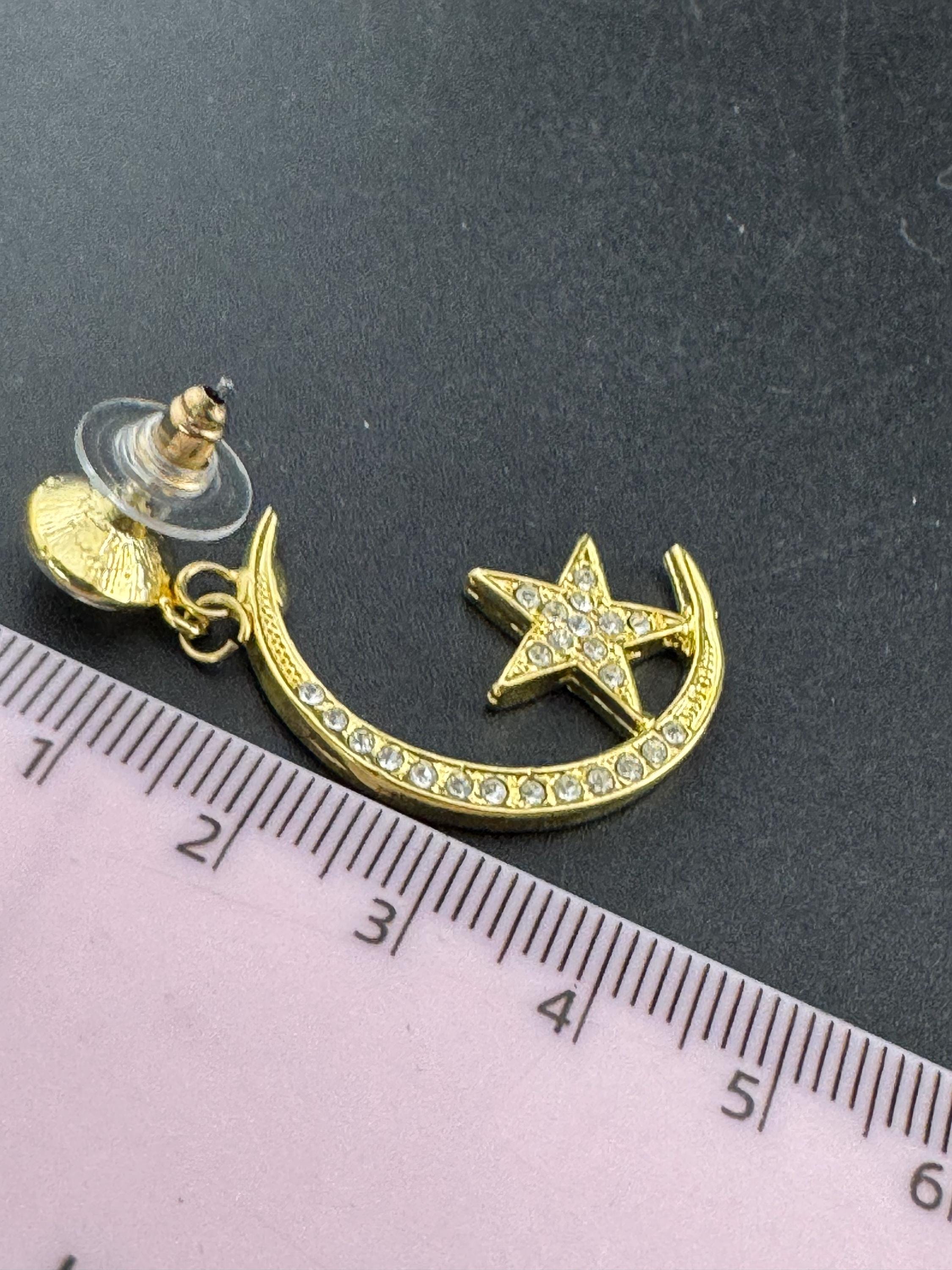 Retro 1980s celestial stars and crescent moon diamanté gold tone pierced earrings new old shop stock