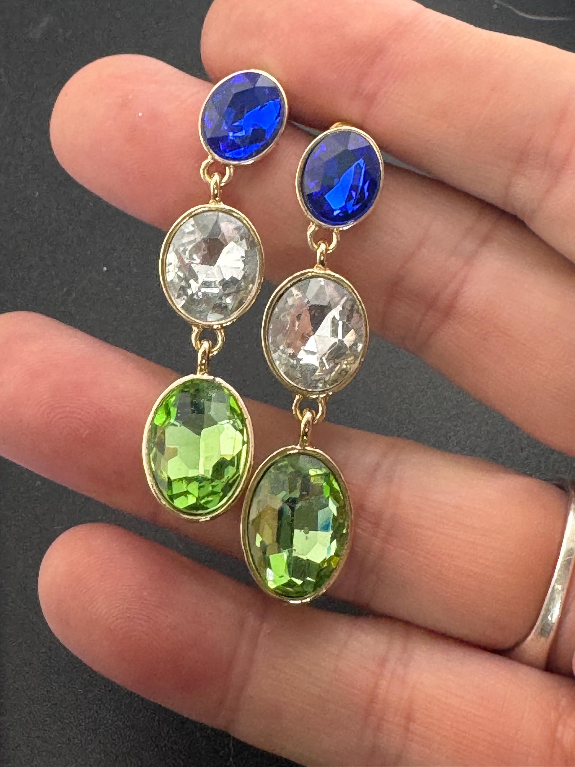 Retro long crystal earrings set with light green, sapphire blue and clear glass stones, heavy gold plated drop for pierced ears