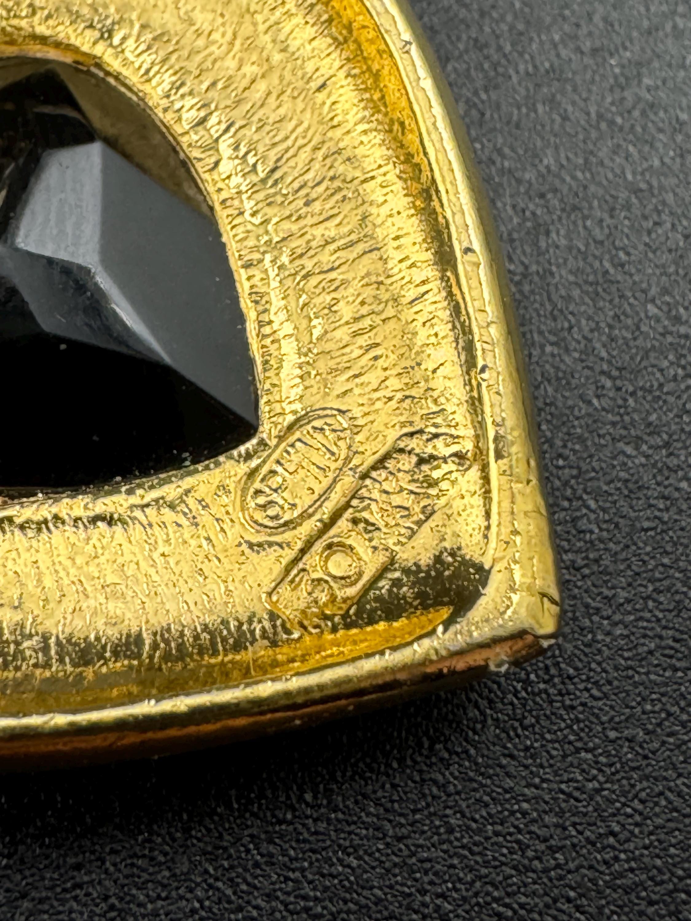 Signed Sphinx black glass crystal love heart diamanté pendant necklace on a long gold plated serpentine chain