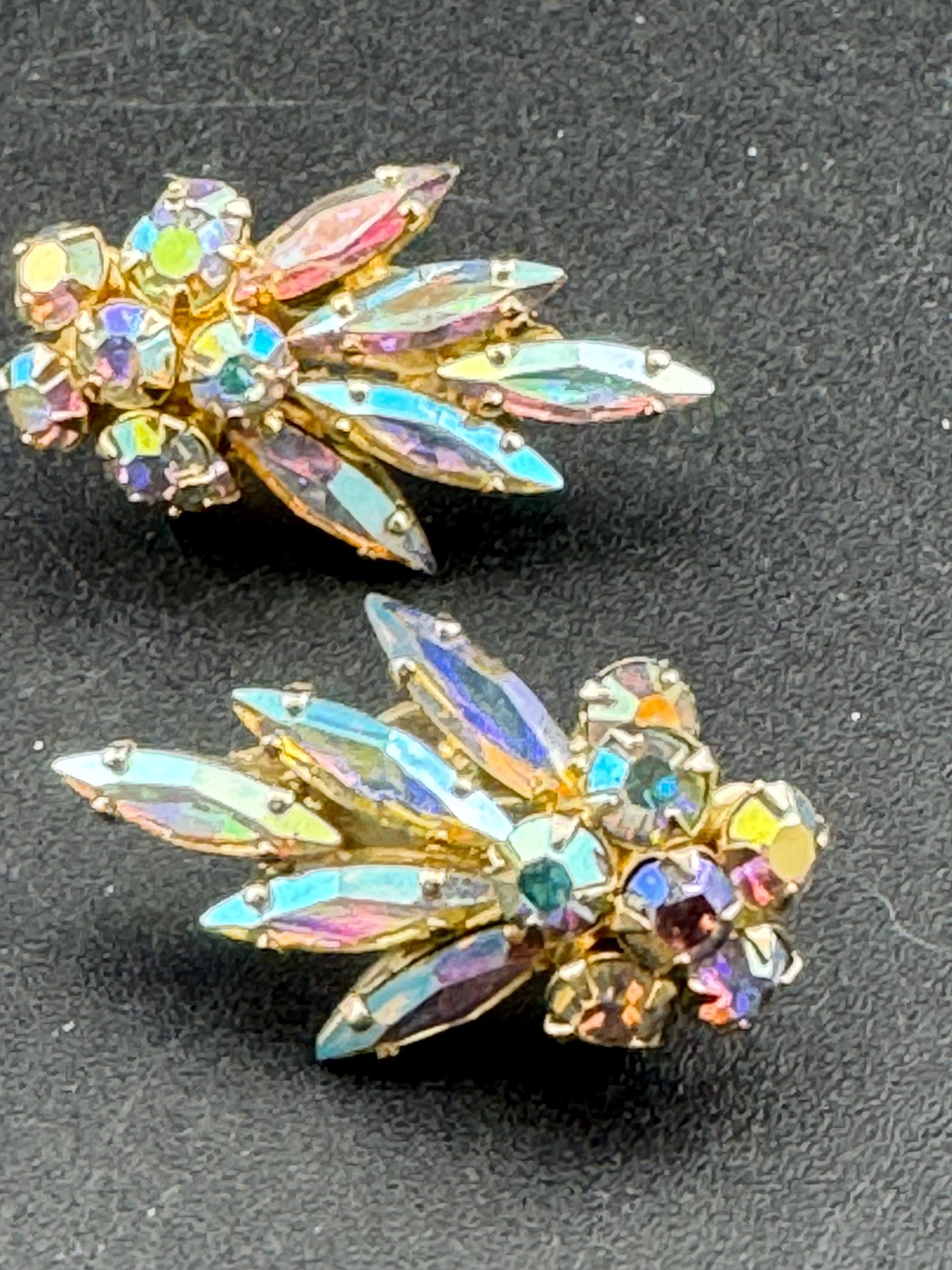 Signed Sherman vintage Clear AB aurora borealis glass rhinestone diamanté gold tone Clip on leaf earrings