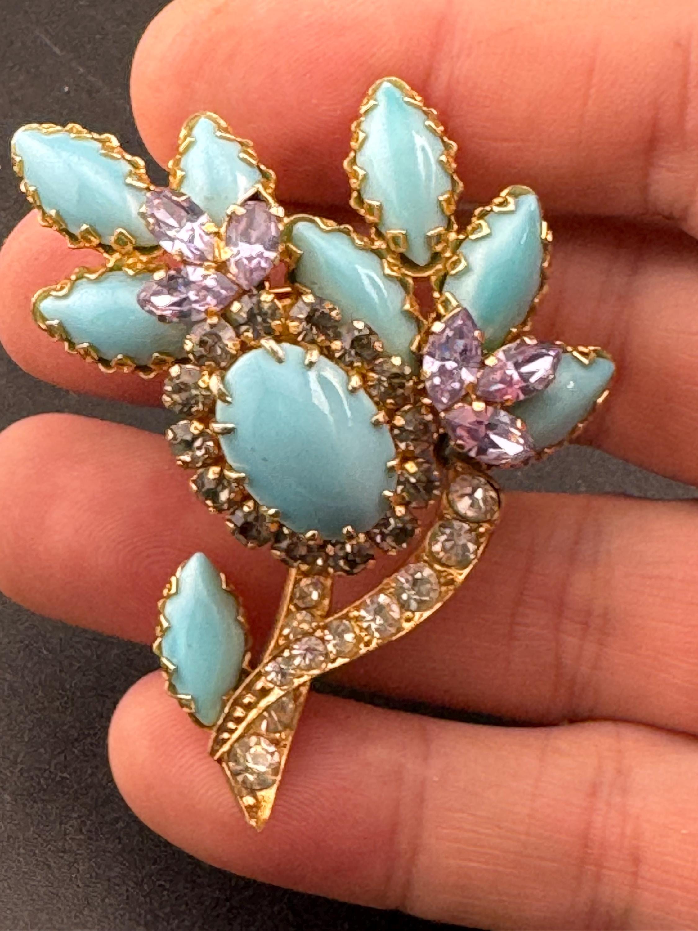 gold tone turquoise cabochon and amethyst rhinestone large floral statement brooch 1960s