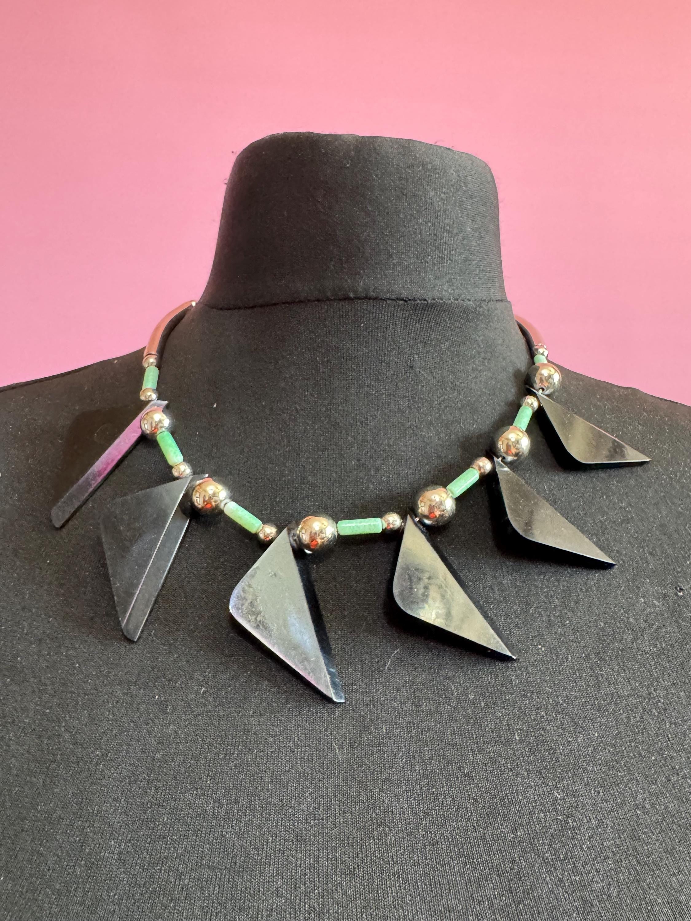 Art deco Jakob Bengel modernist Chrome silver tone metal 1920s black and Green galalith plastic triangular beaded geometric bead necklace
