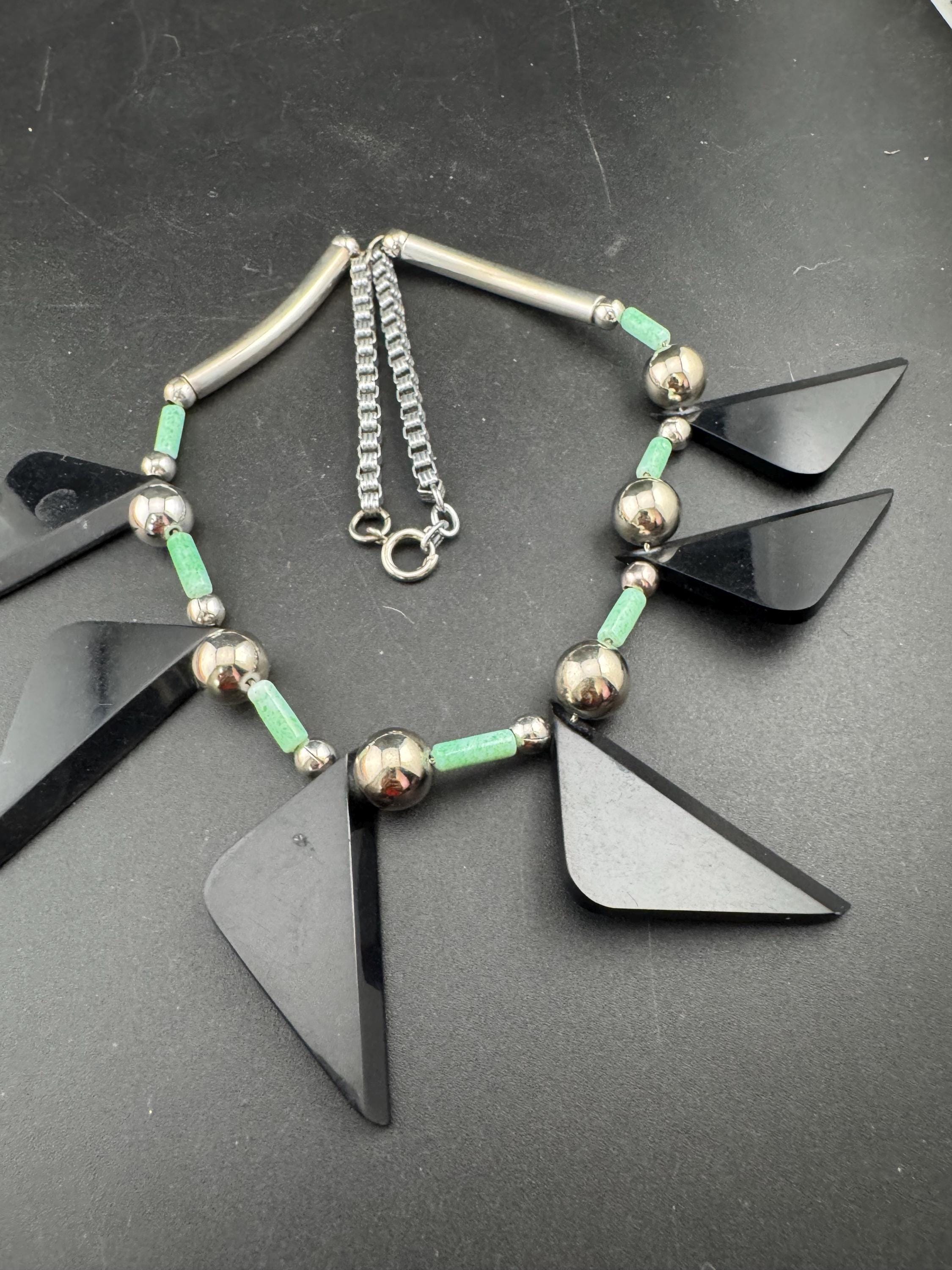 Art deco Jakob Bengel modernist Chrome silver tone metal 1920s black and Green galalith plastic triangular beaded geometric bead necklace
