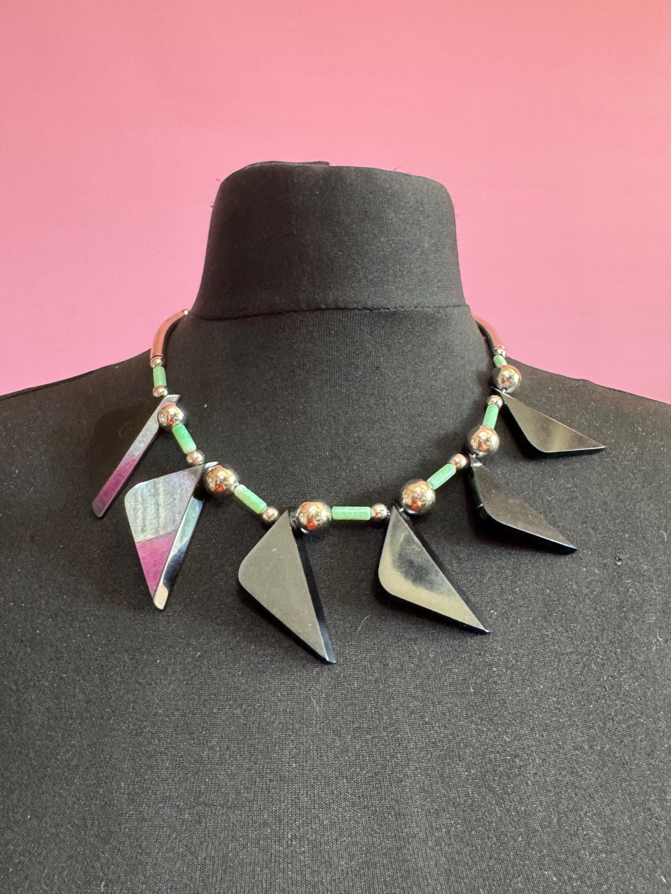 Art deco Jakob Bengel modernist Chrome silver tone metal 1920s black and Green galalith plastic triangular beaded geometric bead necklace