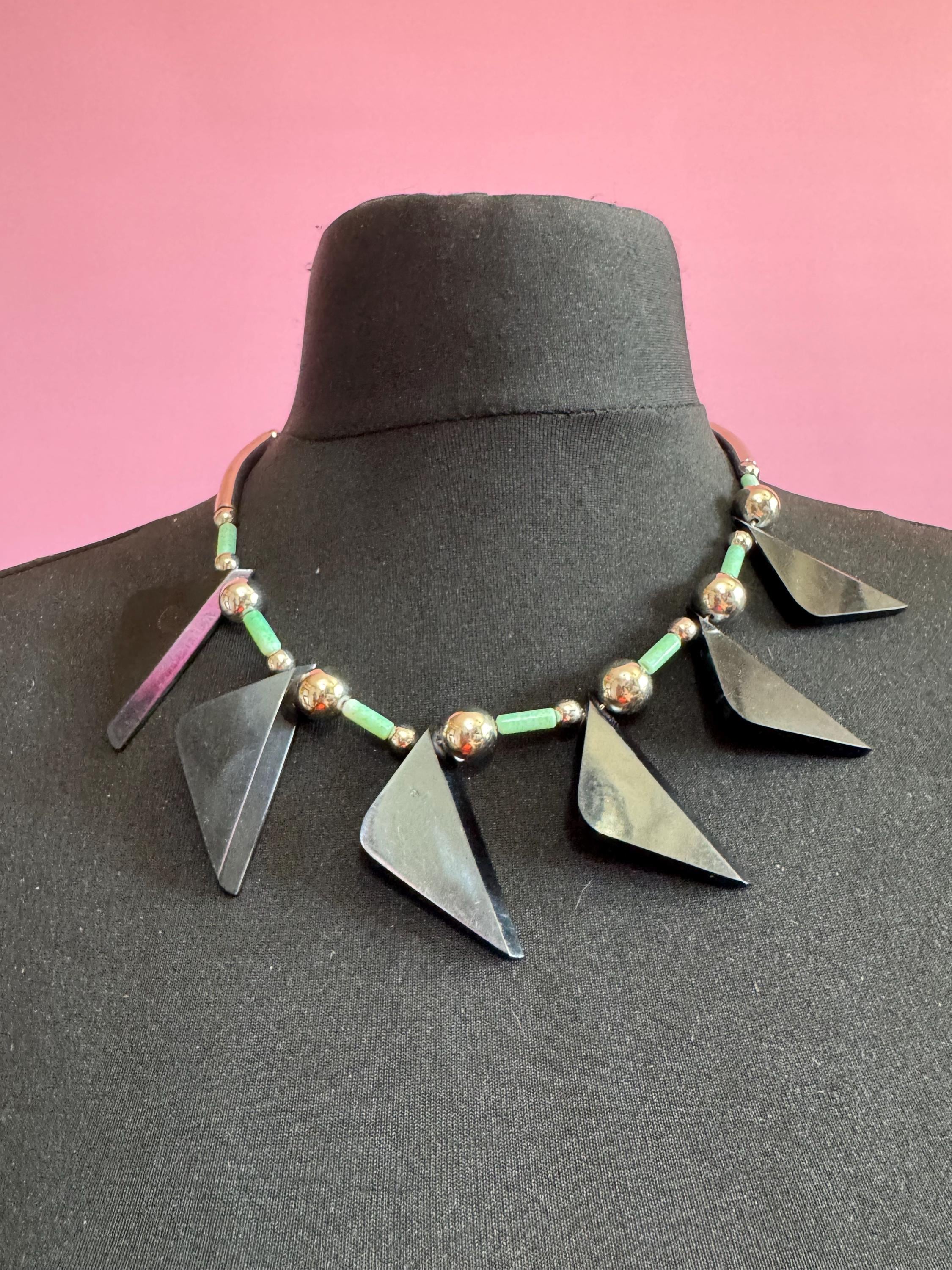 Art deco Jakob Bengel modernist Chrome silver tone metal 1920s black and Green galalith plastic triangular beaded geometric bead necklace