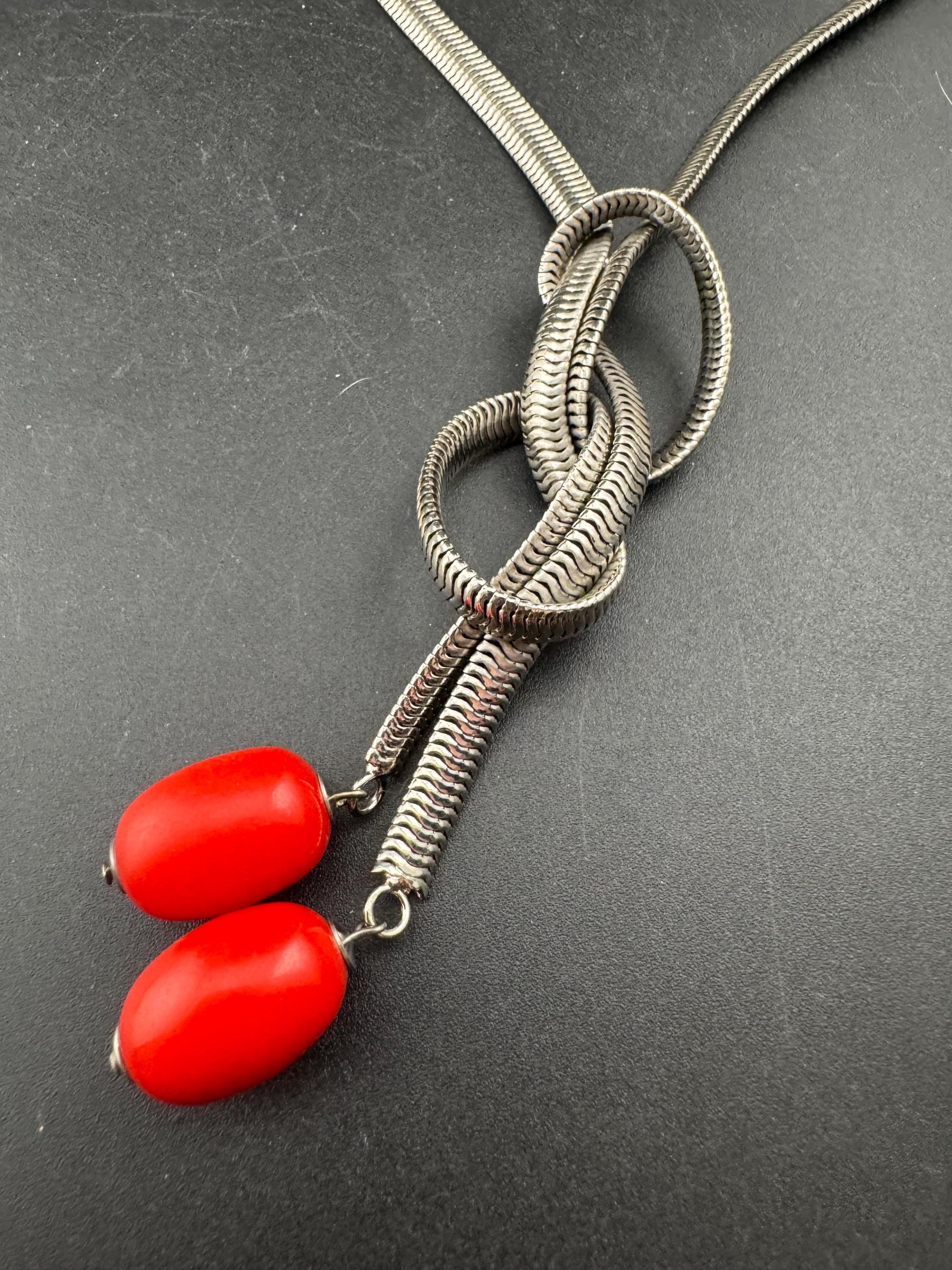 Art deco Jakob Bengel modernist Chrome silver tone metal 1920s bright red galalith oval beaded snake chain necklace 47cm
