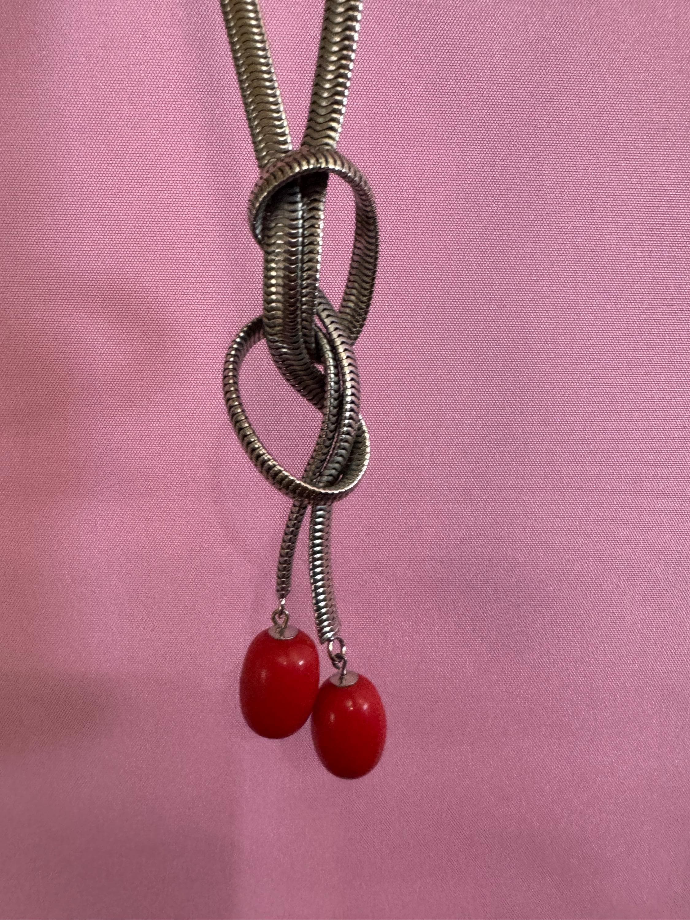 Art deco Jakob Bengel modernist Chrome silver tone metal 1920s bright red galalith oval beaded snake chain necklace 47cm