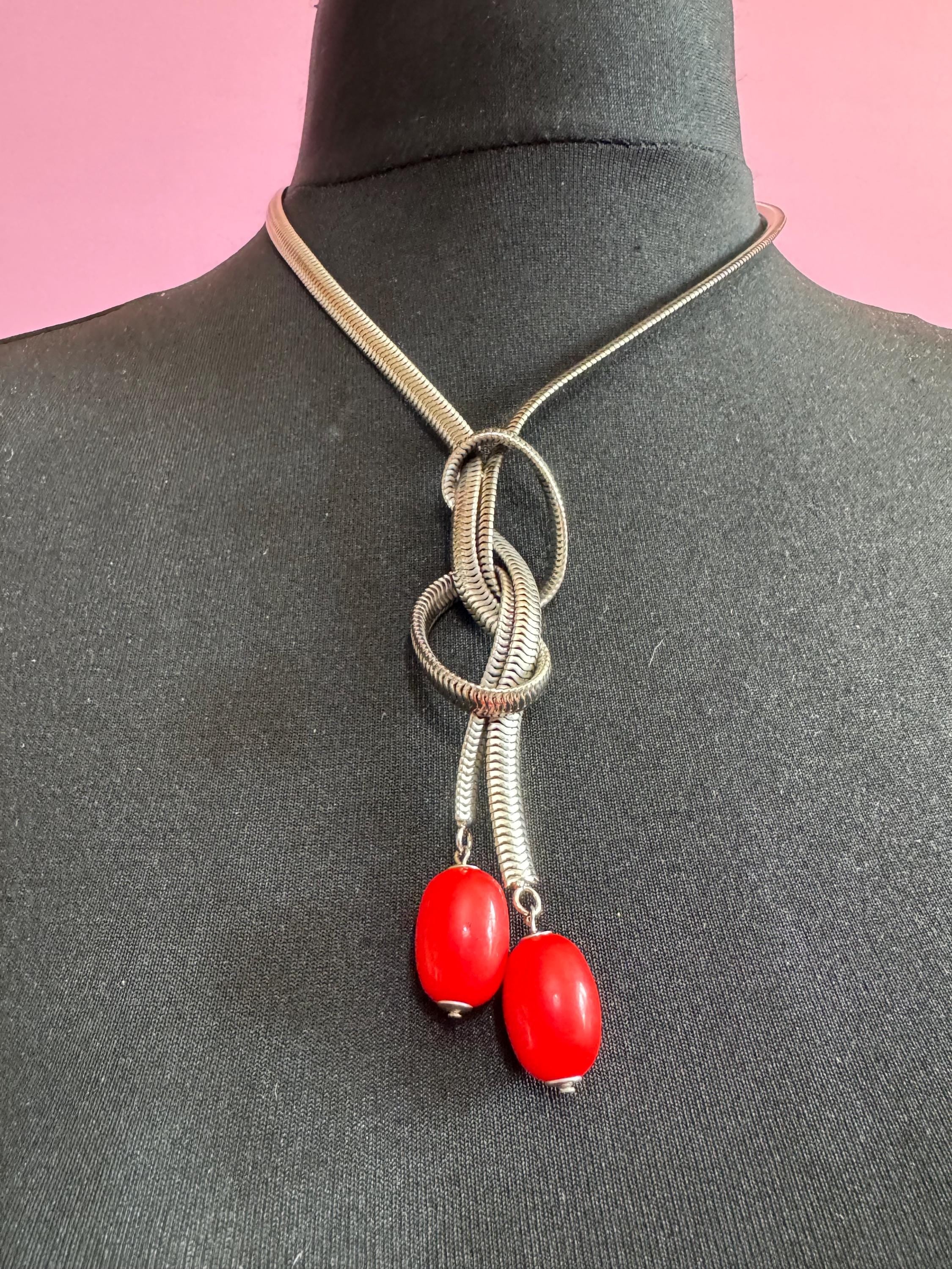 Art deco Jakob Bengel modernist Chrome silver tone metal 1920s bright red galalith oval beaded snake chain necklace 47cm