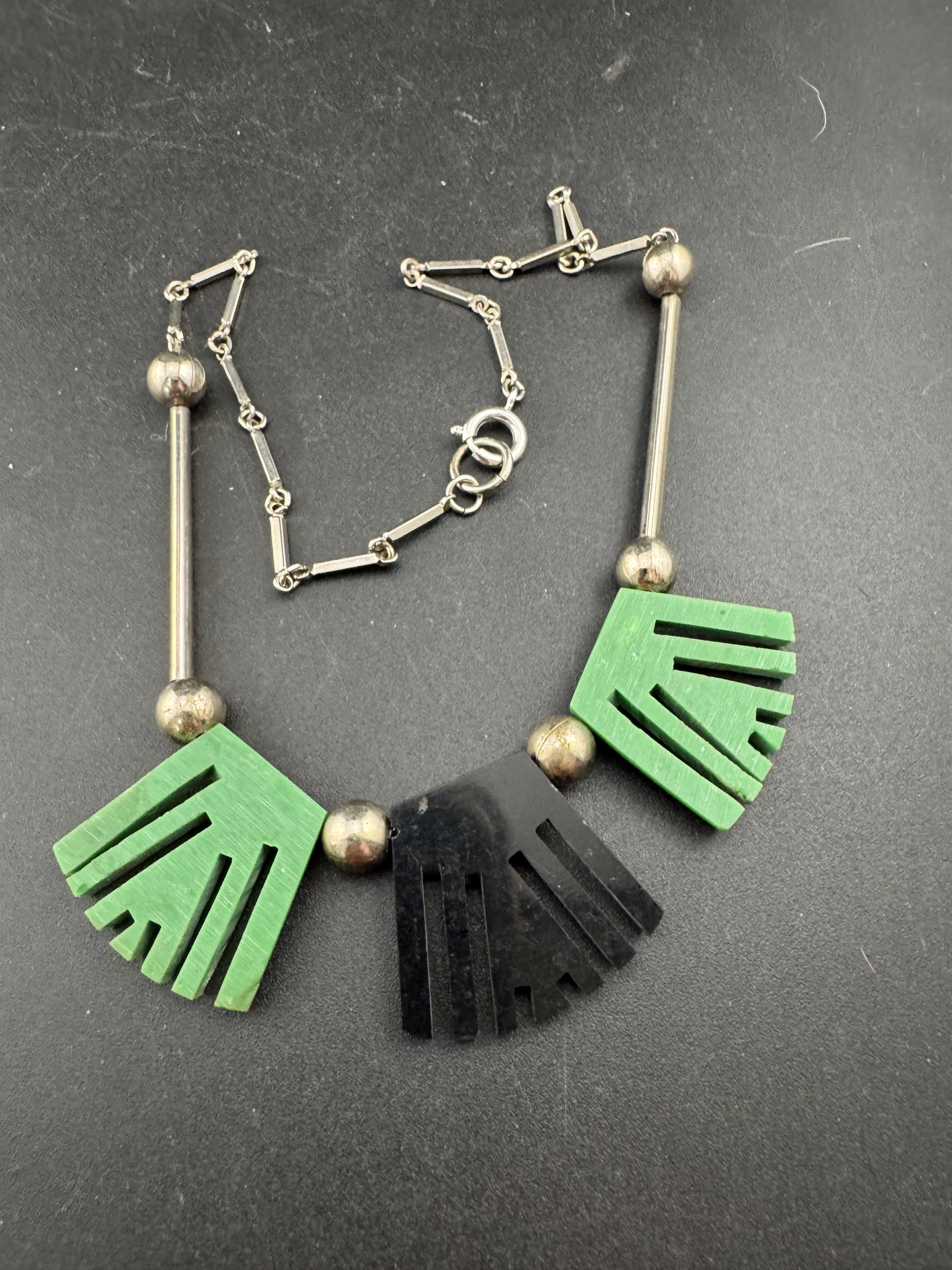 Art deco Jakob Bengel modernist Chrome silver tone metal 1920s black and Green galalith plastic fringed geometric bead necklace
