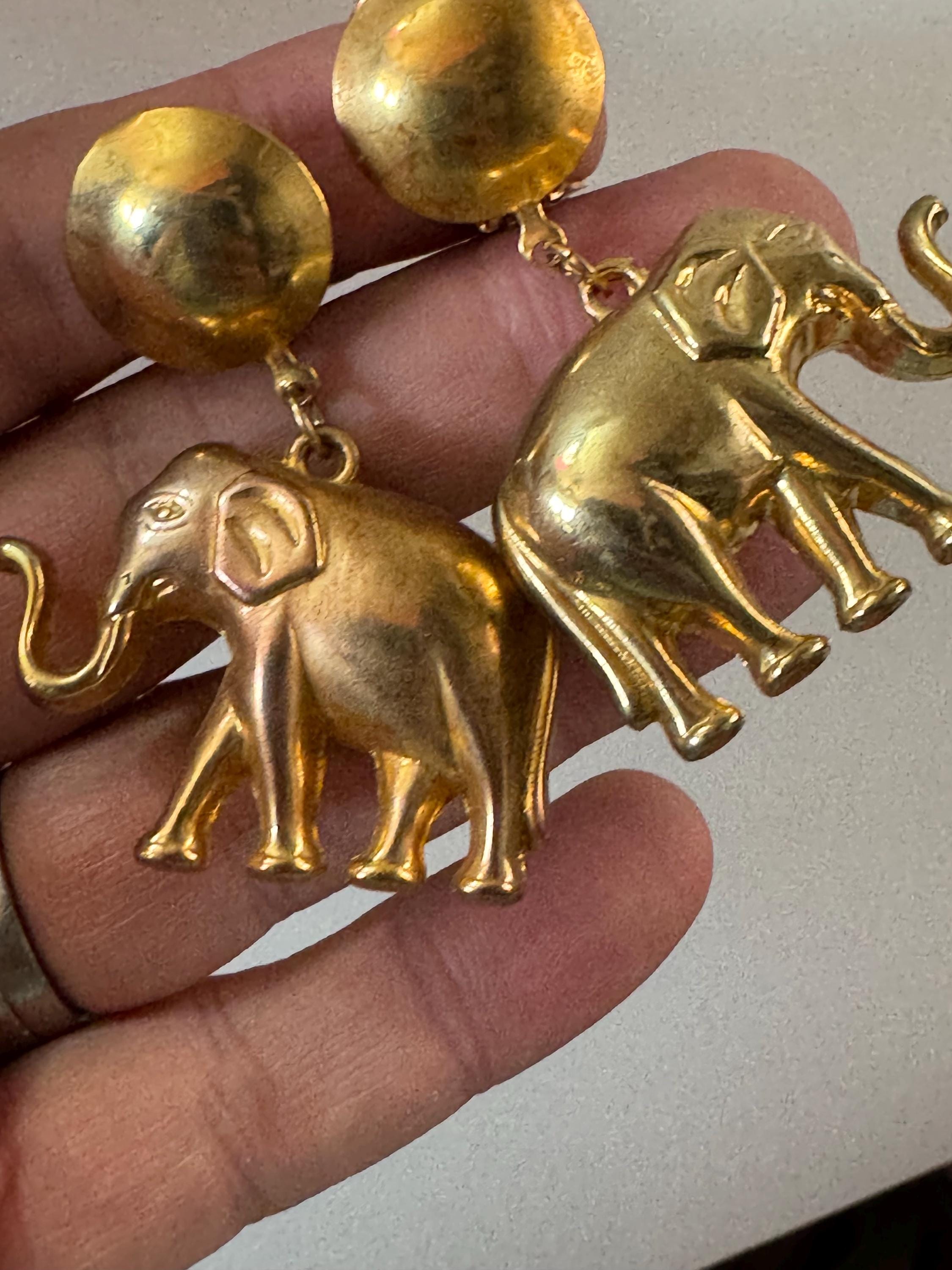 Vintage designer style oversized dangly elephant drop clip on earrings gold tone