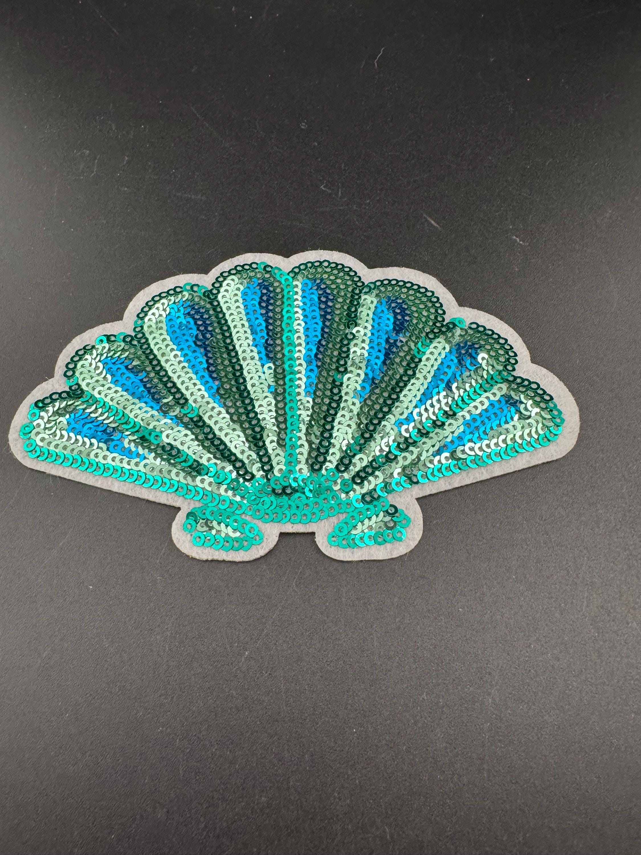 Sequin Scallop Patch: Turquoise Blue & Green Nautical Appliqué (12x8cm)