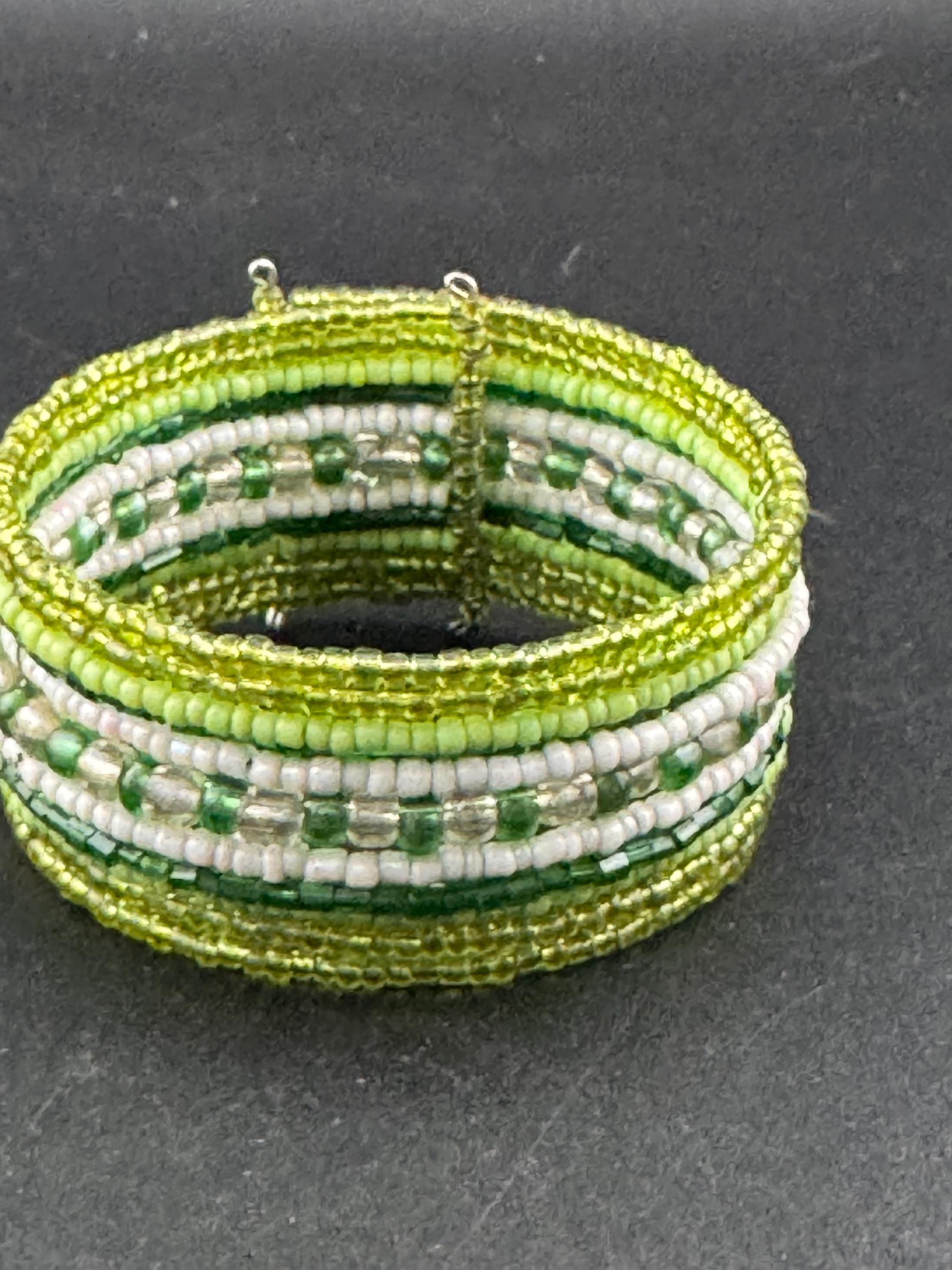 Retro GREEN wide glass beaded wide wrap round adjustable bangle bracelets, boho festival vibes