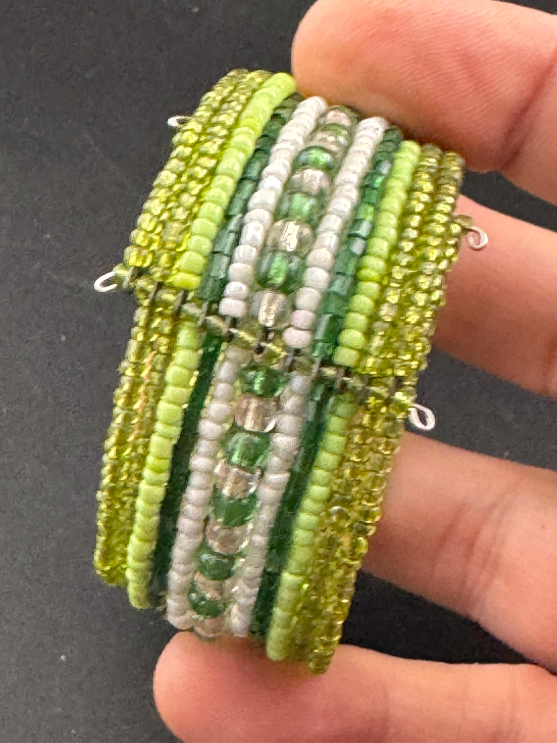 Retro GREEN wide glass beaded wide wrap round adjustable bangle bracelets, boho festival vibes