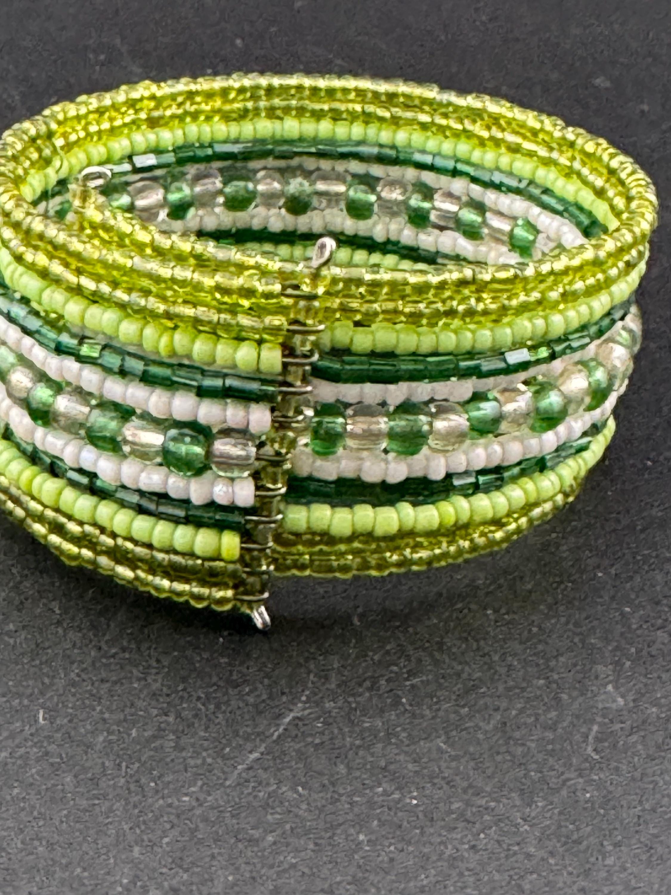 Retro GREEN wide glass beaded wide wrap round adjustable bangle bracelets, boho festival vibes