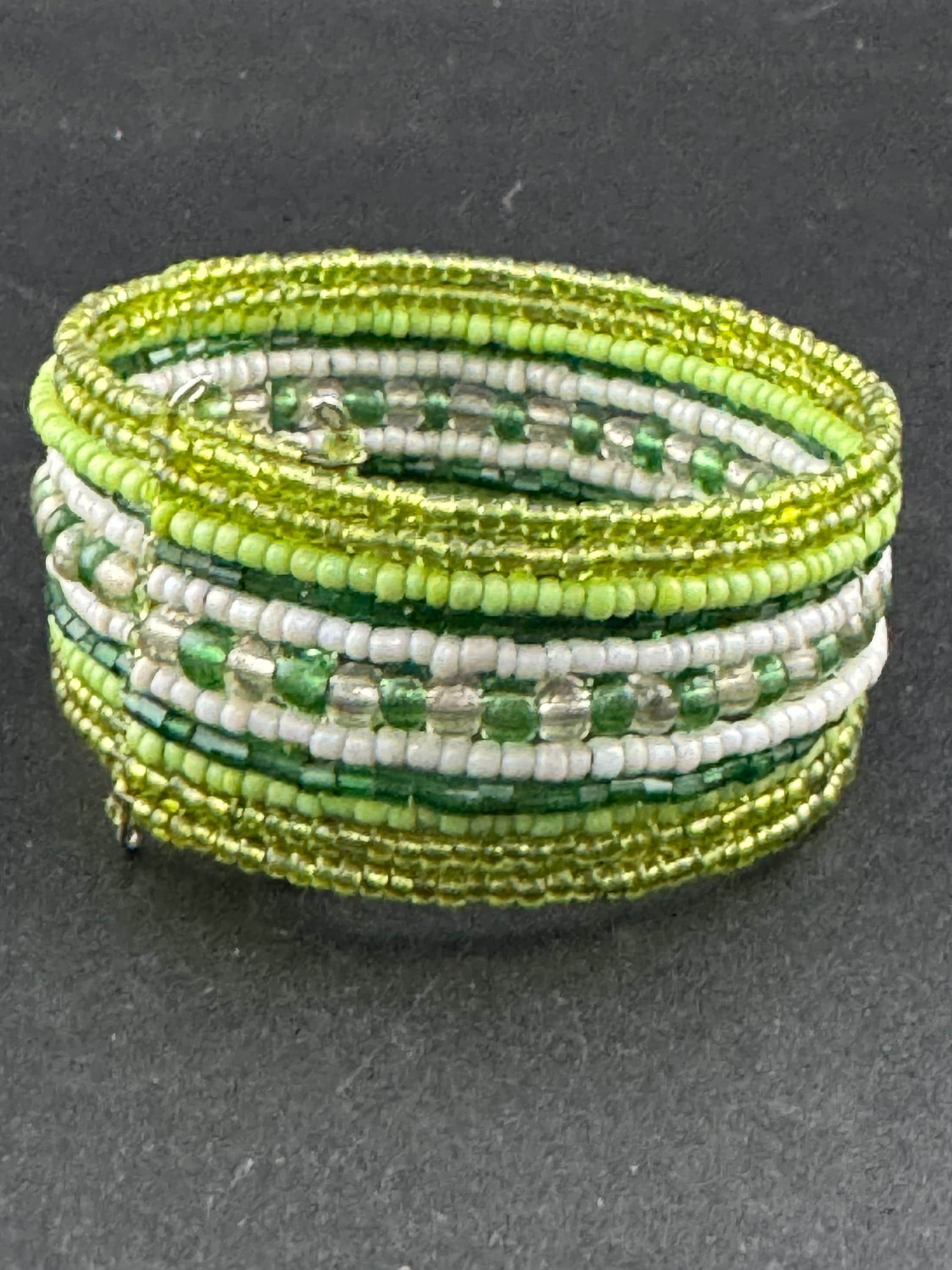 Retro GREEN wide glass beaded wide wrap round adjustable bangle bracelets, boho festival vibes
