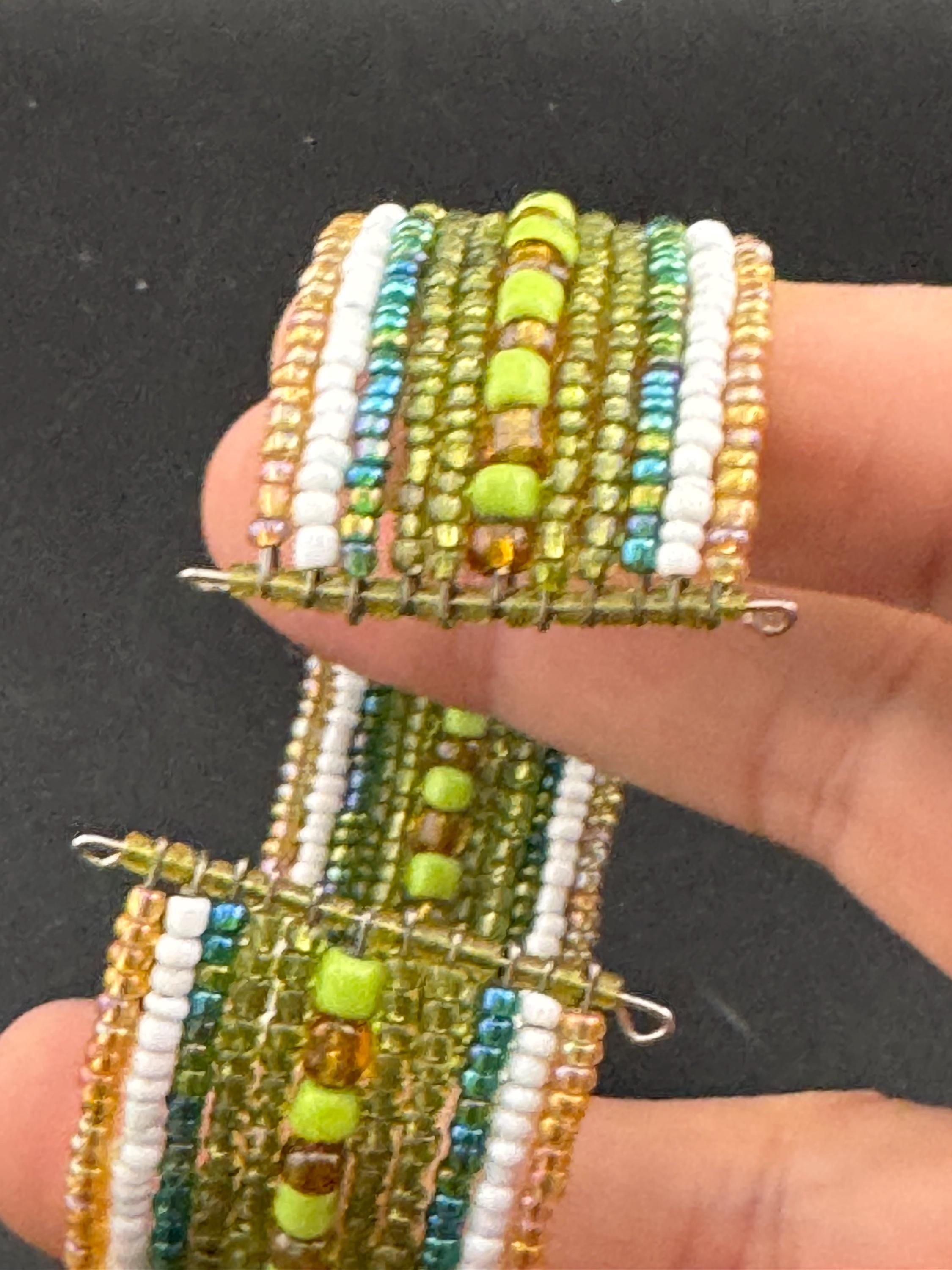 Retro GREEN and GOLD wide glass beaded wide wrap round adjustable bangle bracelets, boho festival vibes