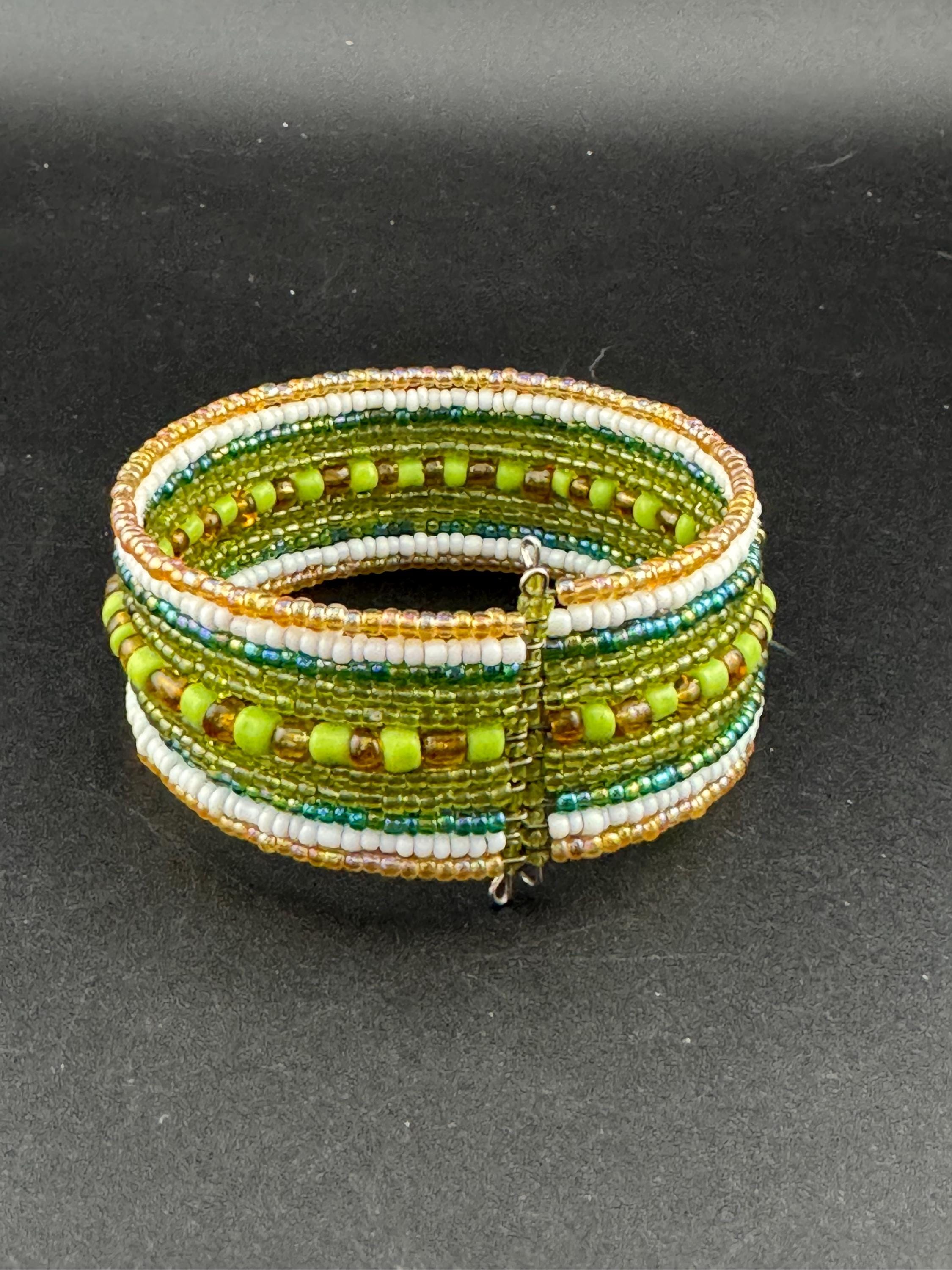 Retro GREEN and GOLD wide glass beaded wide wrap round adjustable bangle bracelets, boho festival vibes